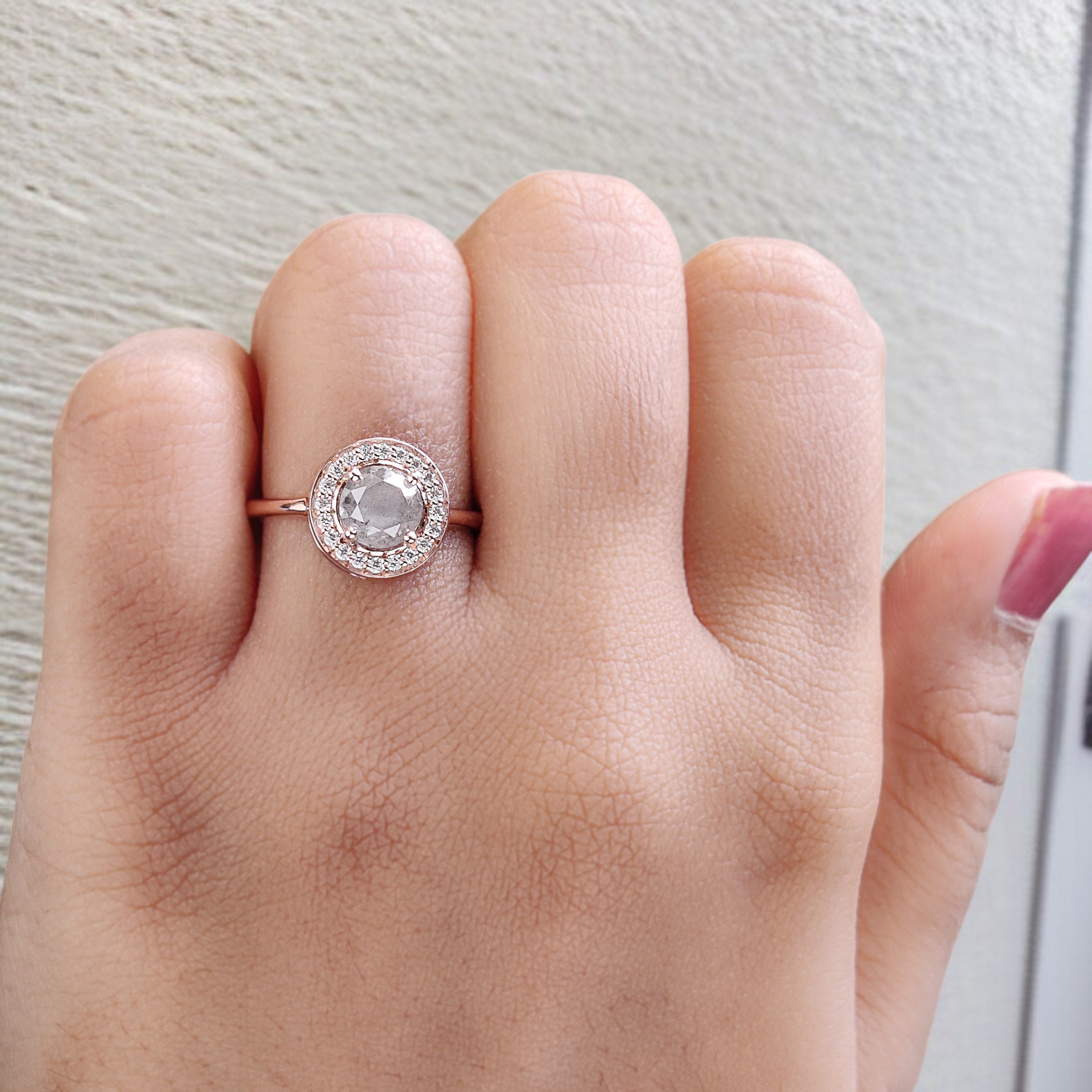 Round Cut Salt And Pepper Diamond Ring 1.25 Ct 6.15 MM Round Diamond Ring 14K Solid Rose Gold Silver Engagement Ring Gift For Her QN486