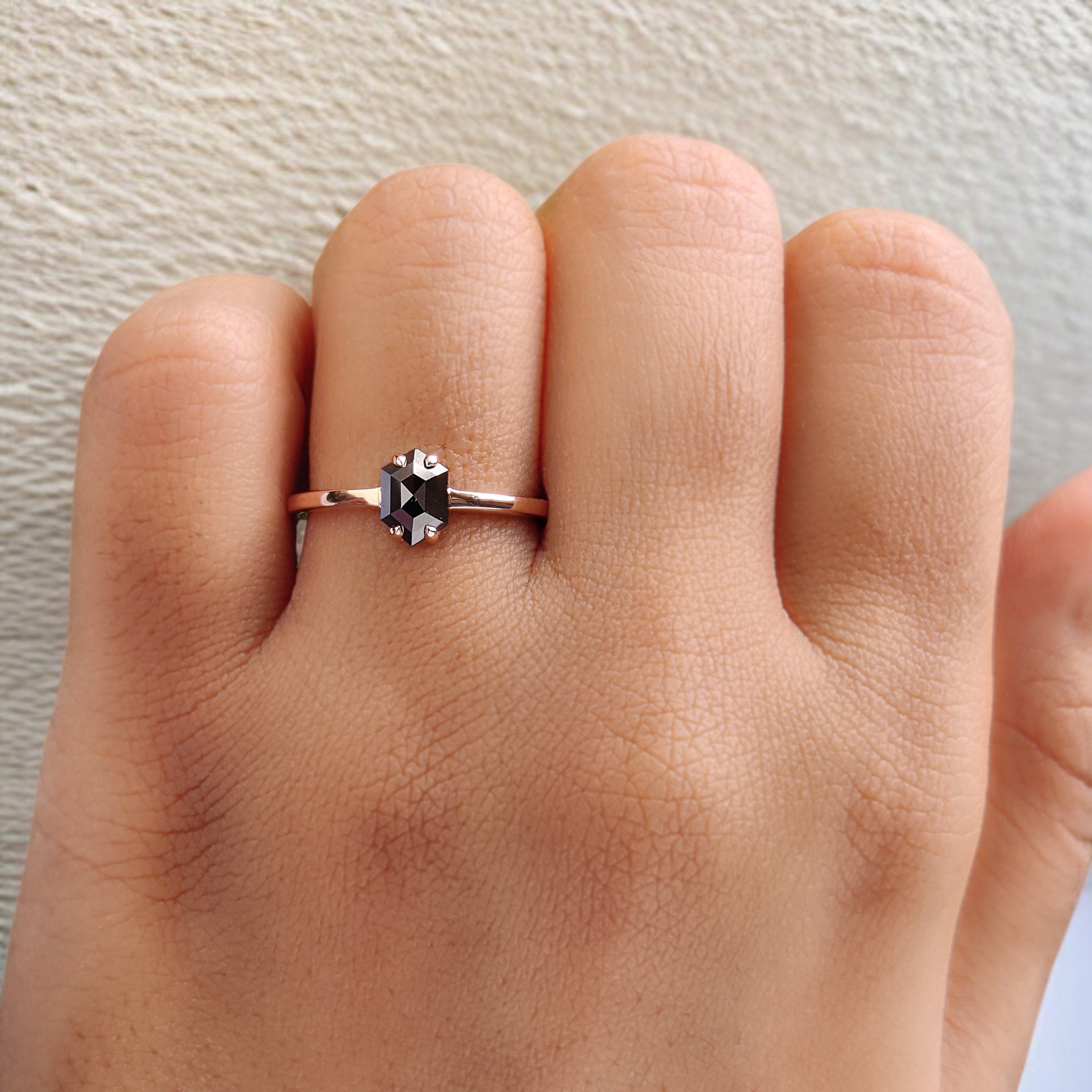 Hexagon Black Color Diamond Ring 0.88 Ct 6.70 MM Hexagon Shape Diamond Ring 14K Solid Rose Gold Silver Engagement Ring Gift For Her QN2274