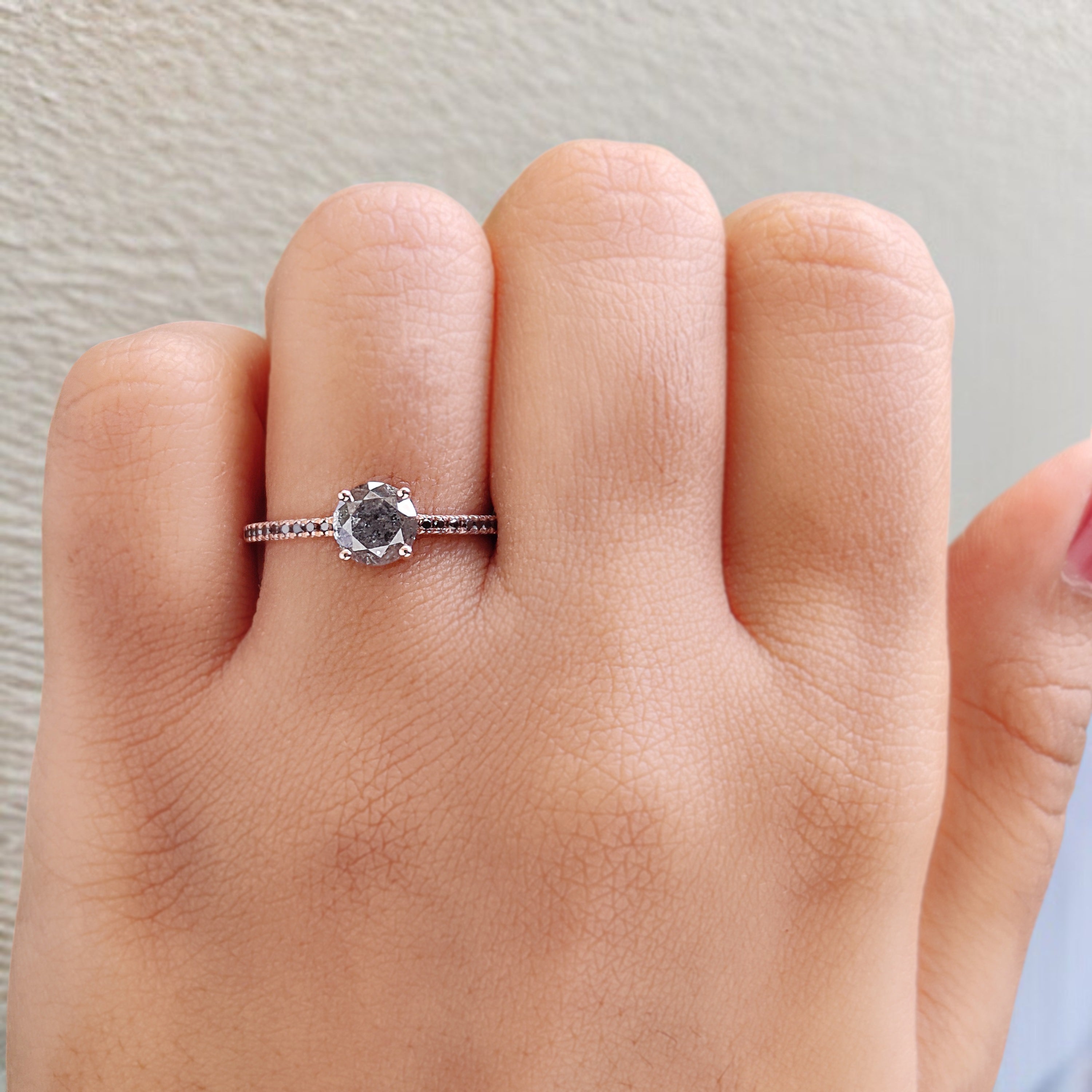 Round Cut Salt And Pepper Diamond Ring 0.87 Ct 5.80 MM Round Diamond Ring 14K Solid Rose Gold Silver Engagement Ring Gift For Her QN9140