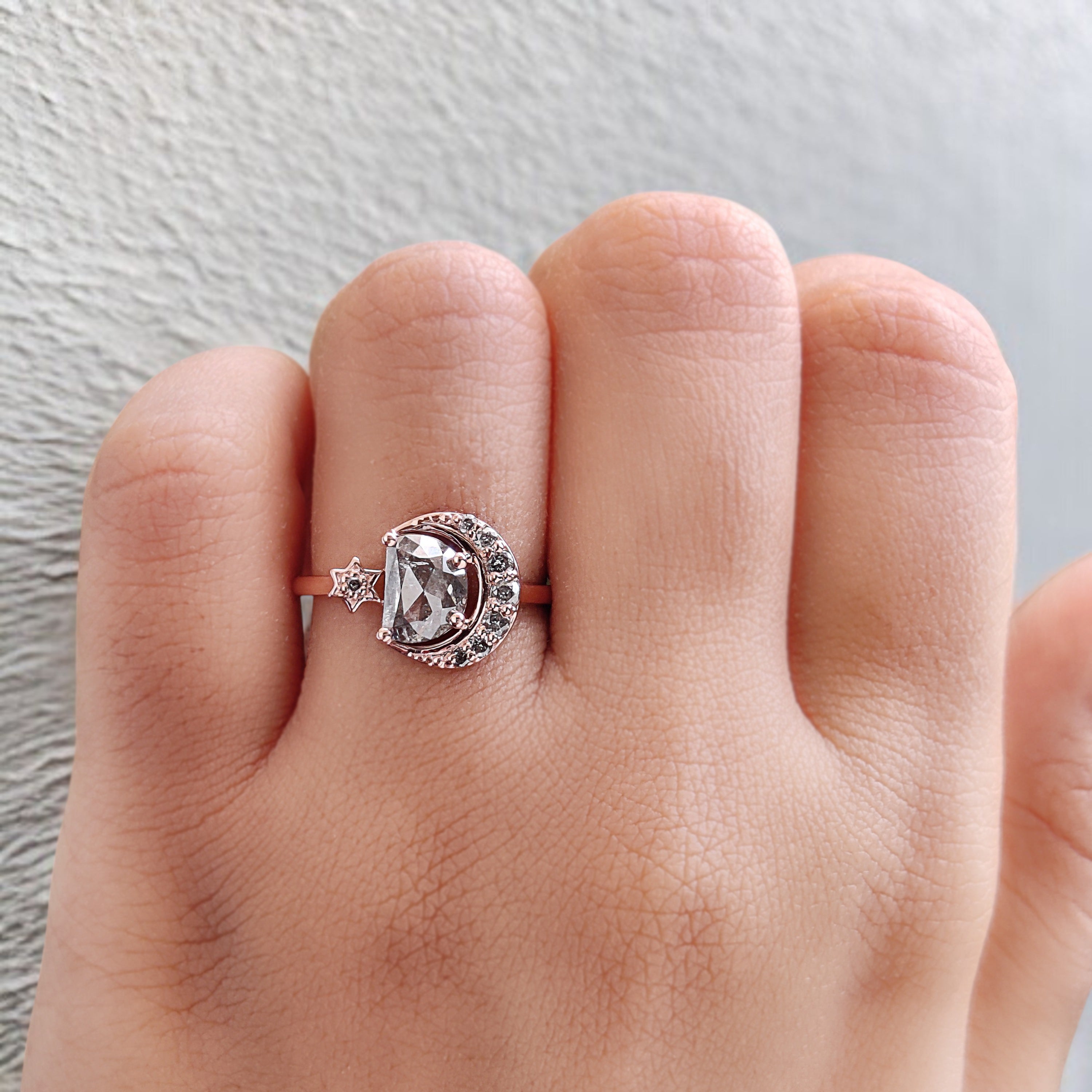 Half Moon Salt And Pepper Diamond Ring 0.94 Ct 7.30 MM Half Moon Diamond Ring 14K Solid Rose Gold Silver Engagement Ring Gift For Her QN725