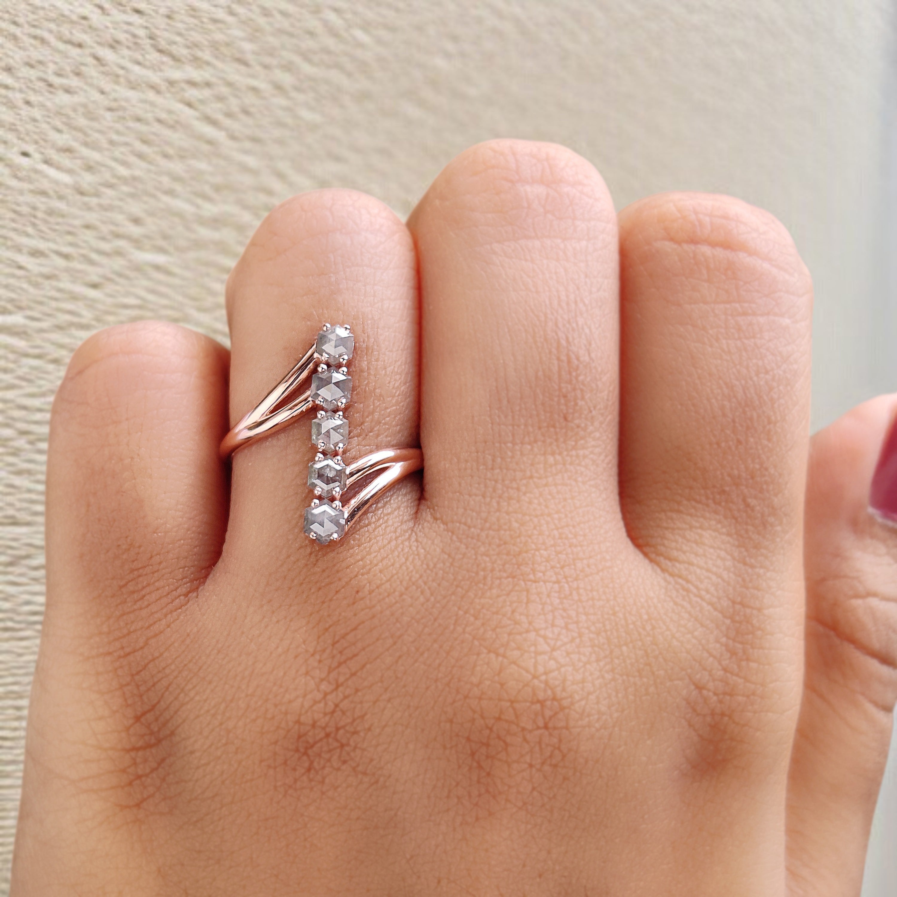 Hexagon Grey Color Diamond Ring 1.01 Ct 3.40 MM Hexagon Shape Diamond Ring 14K Solid Rose Gold Silver Engagement Ring Gift For Her QK1837