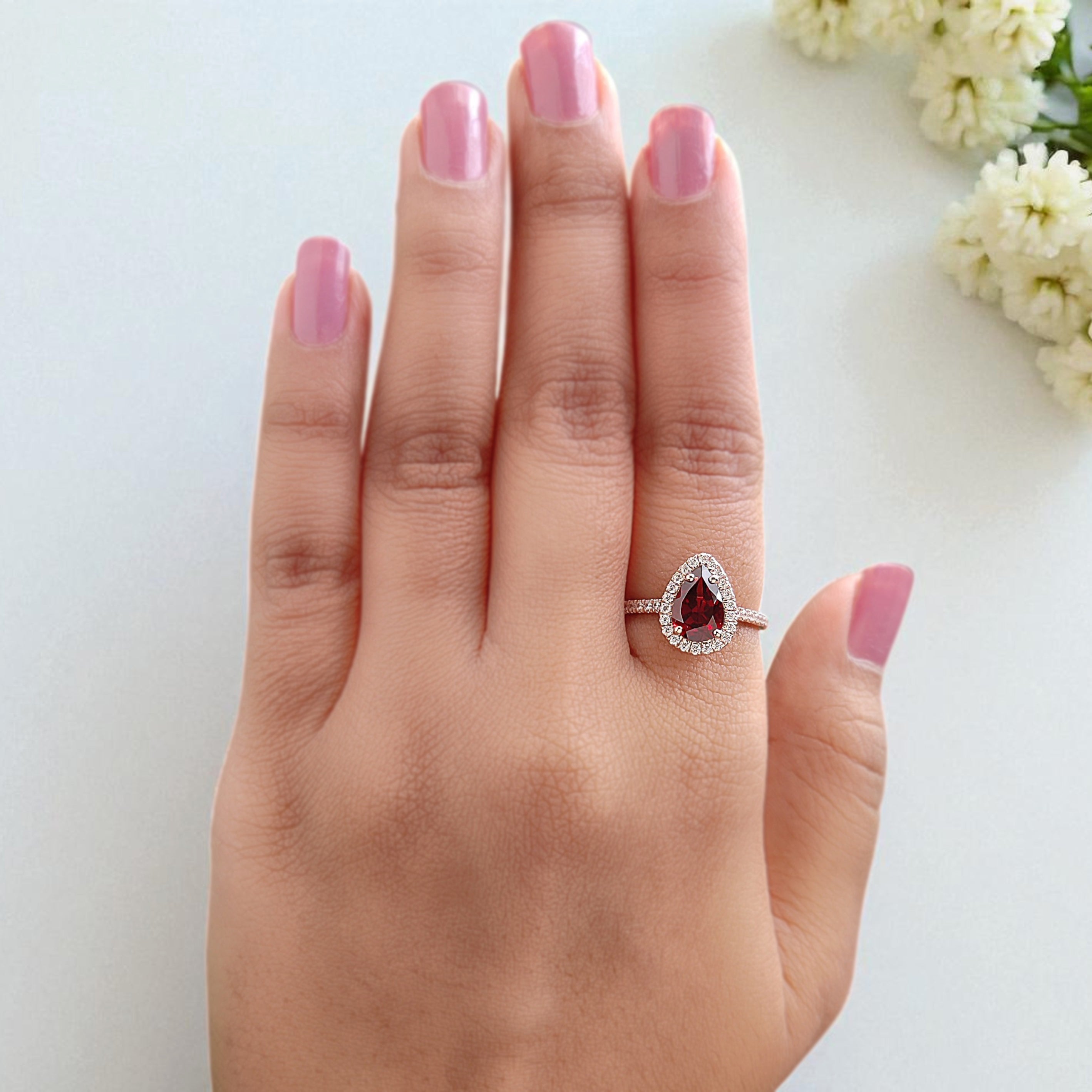 1.60 CT Pear Cut Red Garnet Engagement Ring Rose Gold Ring Pear Shape Diamond Wedding Ring Unique Art Deco Vintage Ring Gift For Her FD424