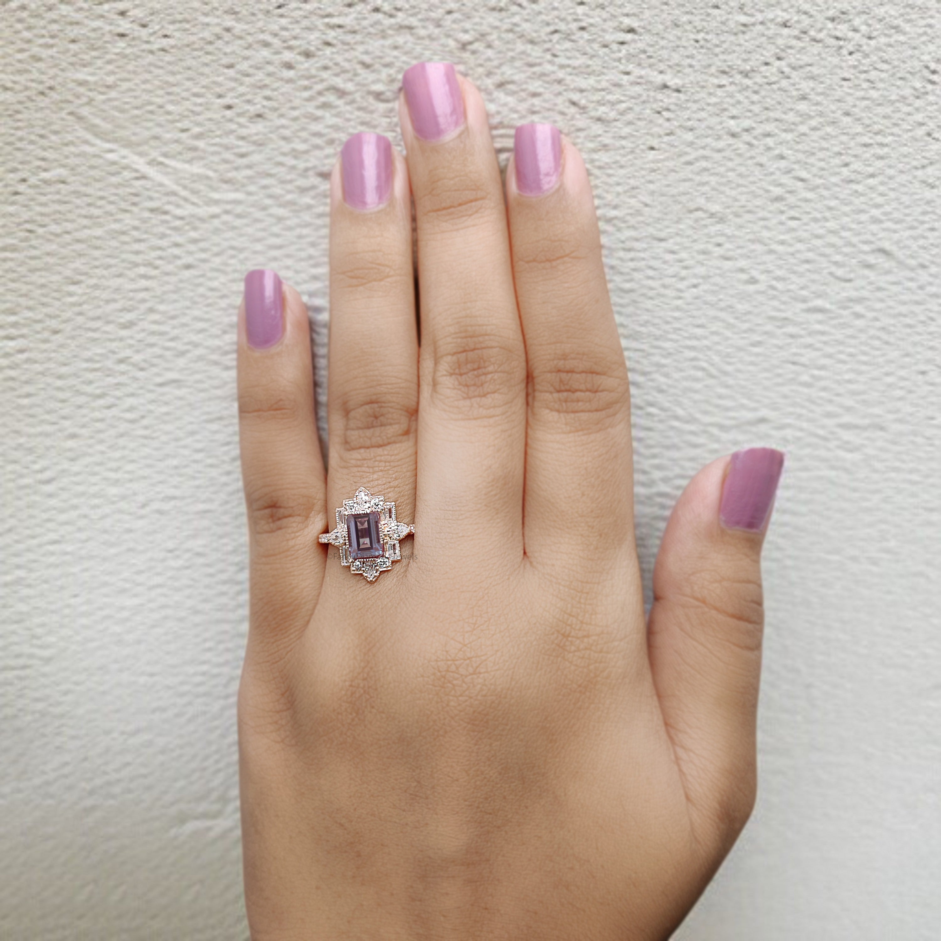 1.55 CT Emerald Cut Lab Alexandrite Engagement Ring Baguette wedding ring Unique art deco Ring Pear halo Starburst ring Gift For Her FD416
