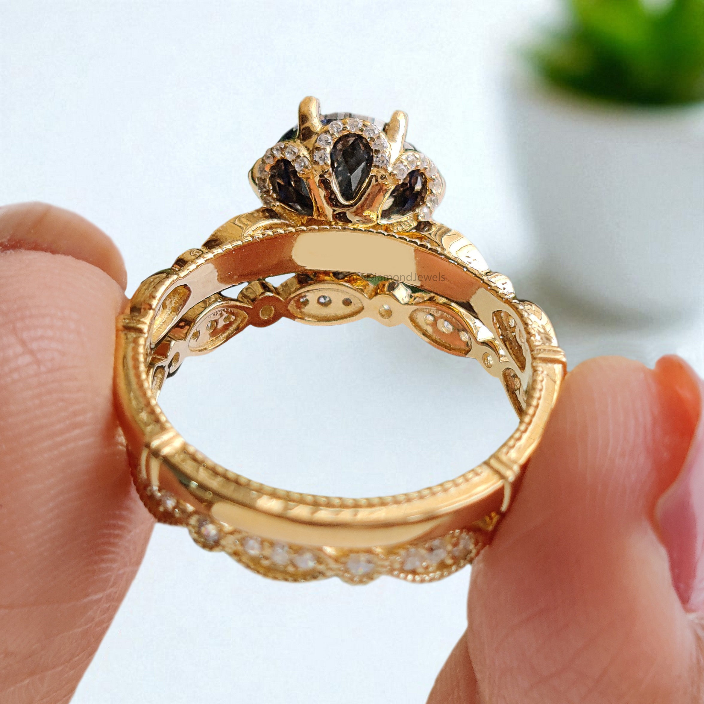 Antique Round Portuguese Cut Royal Blue Moissanite Engagement Ring 6 Prong Hidden Halo Ring With Full Eternity Scalloped Wedding Band FD407