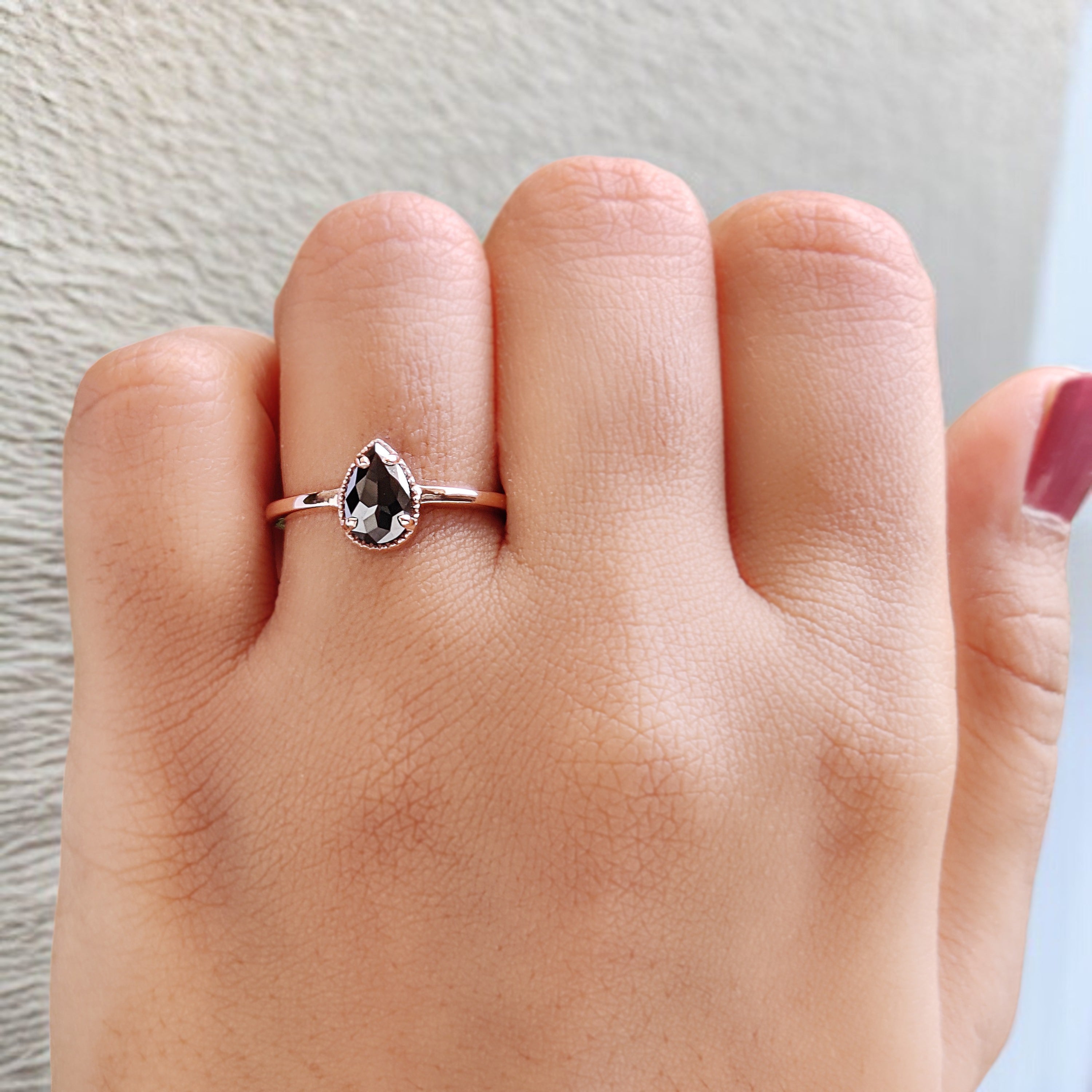 Pear Cut Black Color Diamond Ring 0.61 Ct 7.37 MM Pear Shape Diamond Ring 14K Solid Rose Gold Silver Pear Engagement Ring Gift For Her QN2270