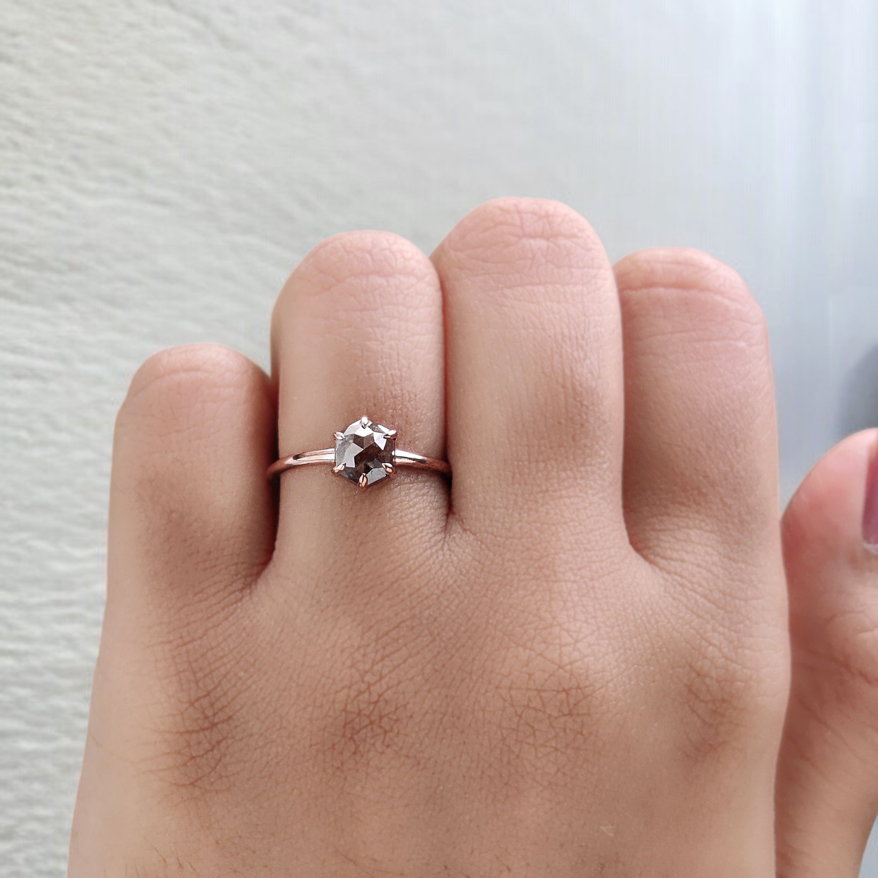 Hexagon Brown Color Diamond Ring 0.96 Ct 6.78 MM Hexagon Shape Diamond Ring 14K Solid Rose Gold Silver Engagement Ring Gift For Her QL2850