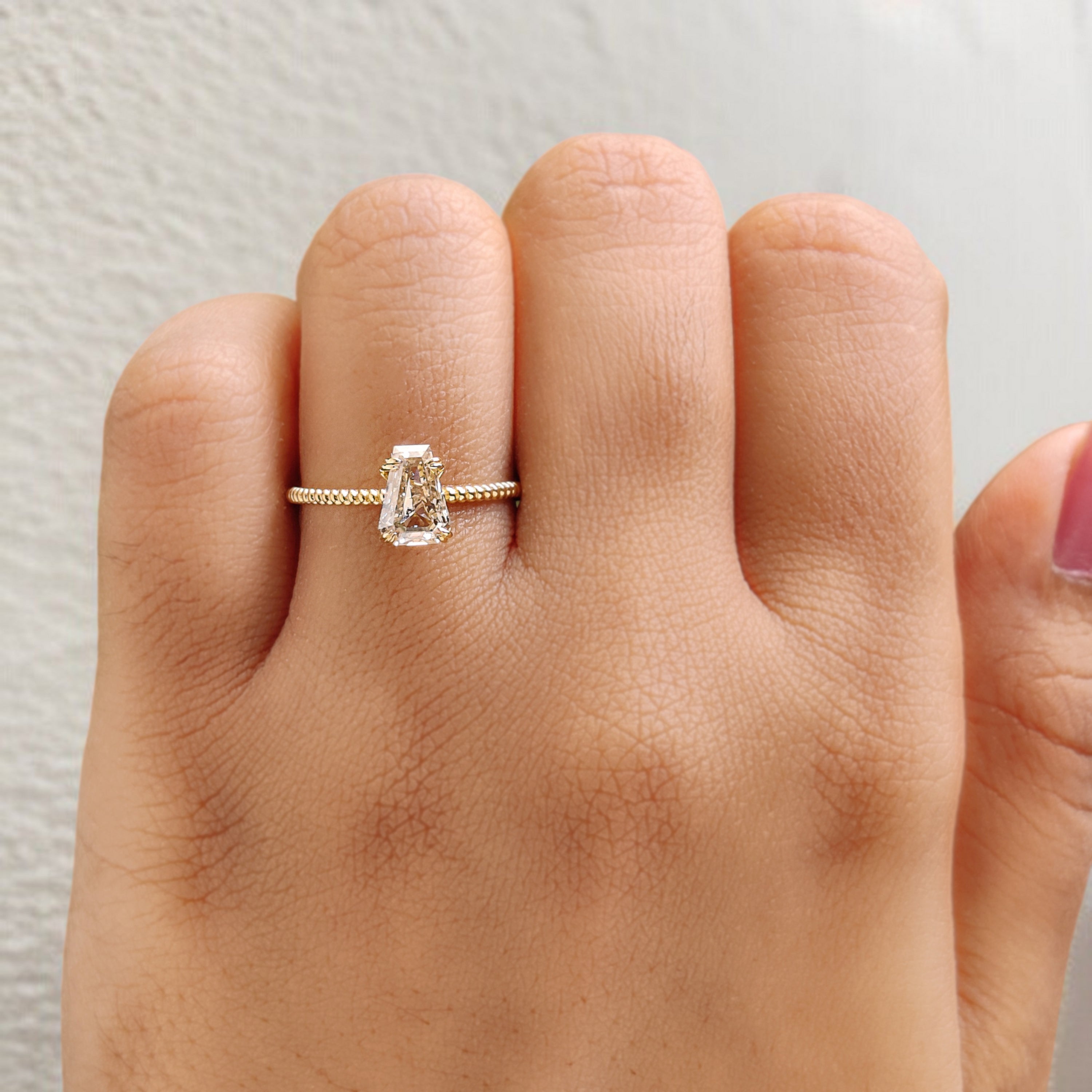 Coffin Shape White-I Color Diamond Ring 1.02 Ct 7.07 MM Coffin Diamond Engagement Ring 14K Yellow Gold Ring Unique Rope Band Ring KDL2659