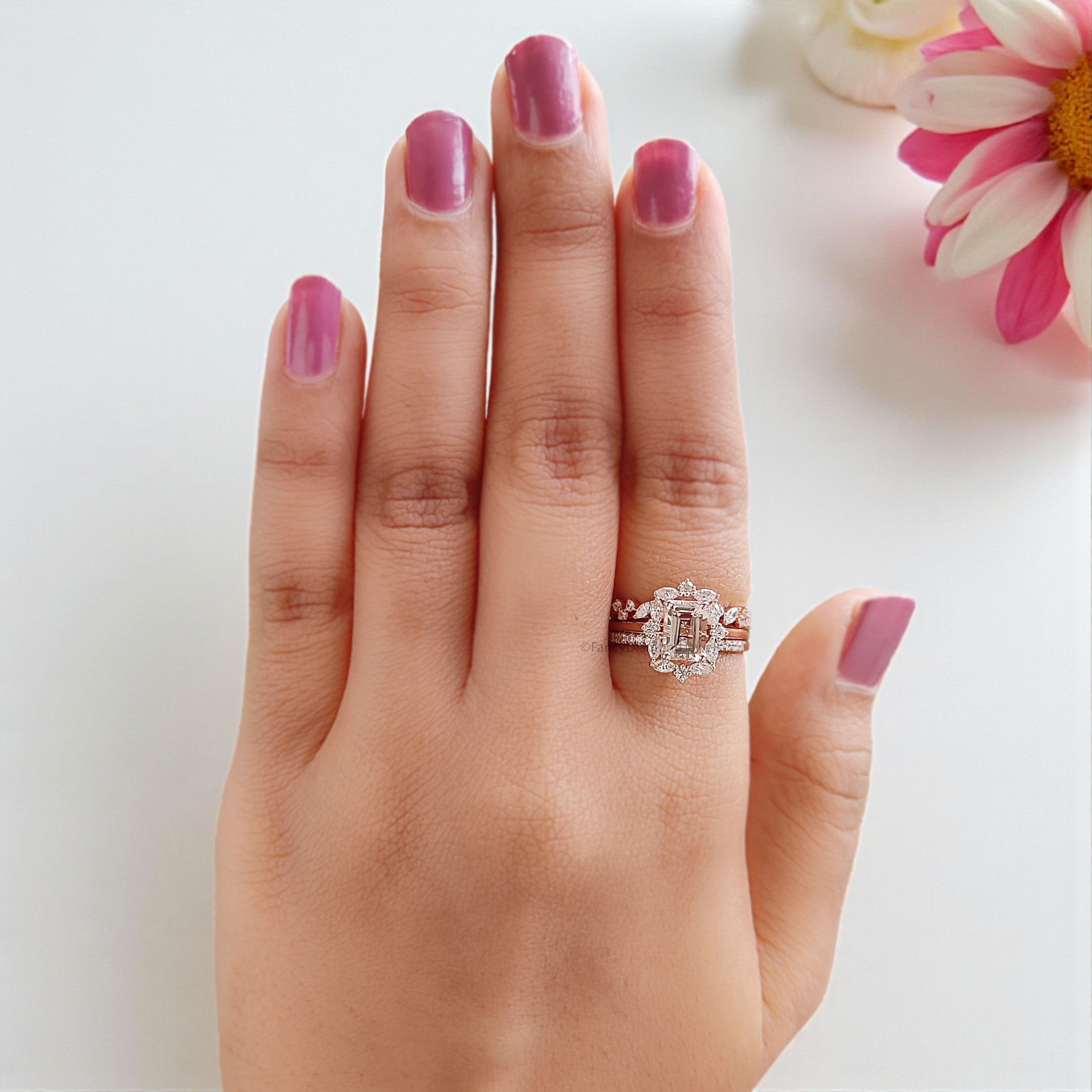 0.95 CT Emerald Shape Morganite Engagement Ring Set Unique art deco Marquise halo Starburst Ring Round wedding ring Gift For Her FD440