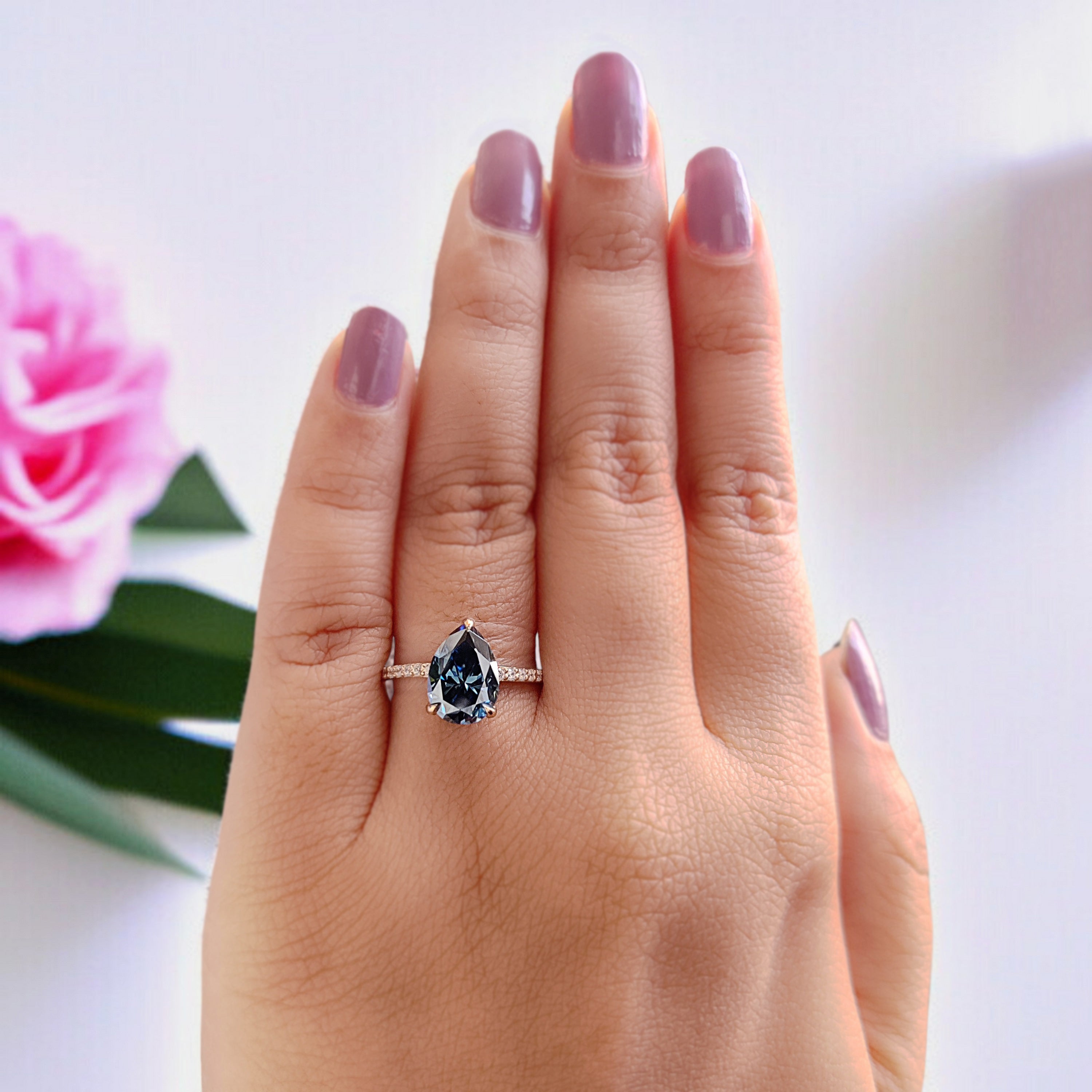 Pear Royal Blue Moissanite Ring Hidden Halo Engagement Ring 2.15 TW Pear Shaped Moissanite Best Proposal Ring Anniversary Gift Ring FD464