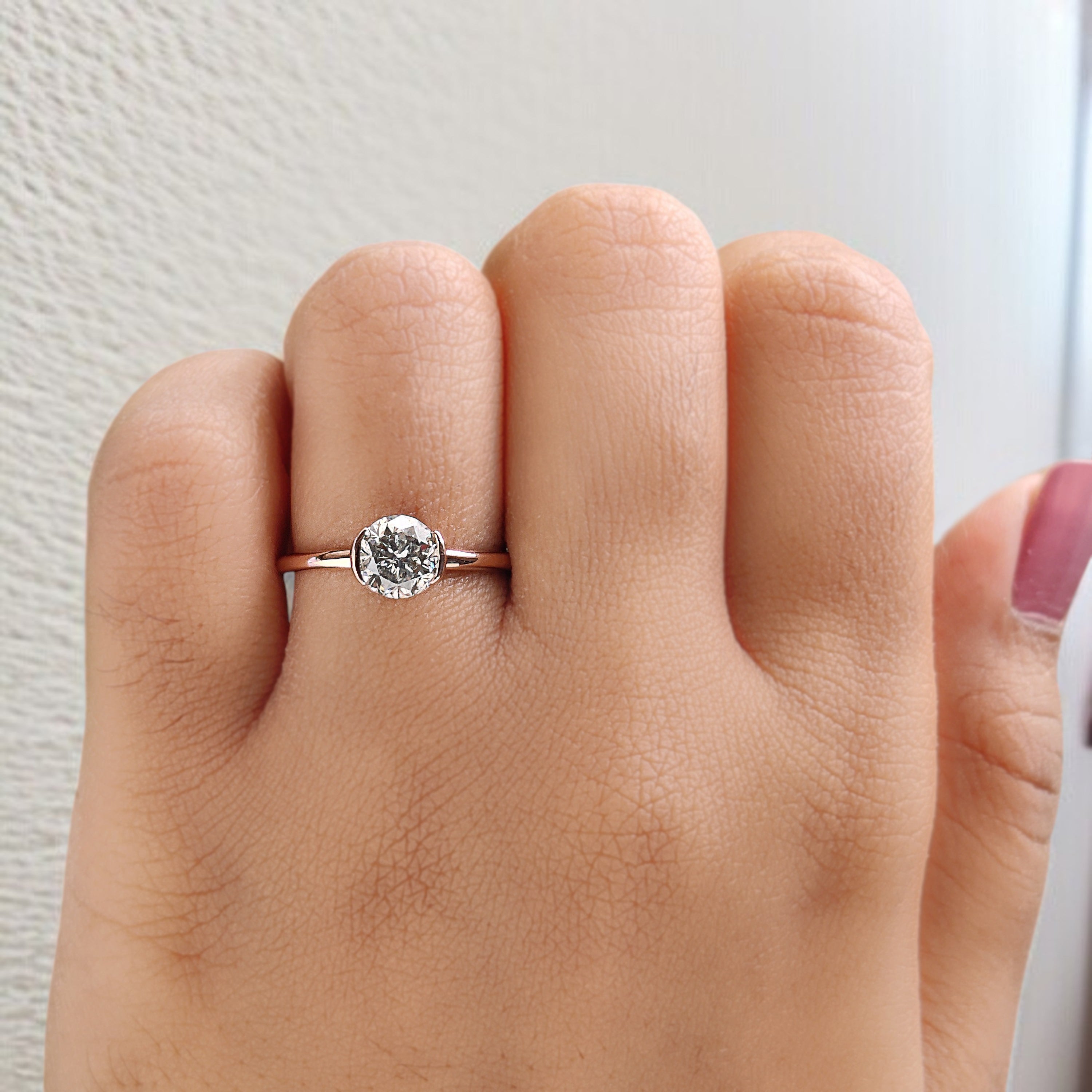 Round White-G Color Diamond Ring 1.02 Ct 6.06 MM Round Shape Diamond Wedding Ring Half Bezel Set Ring Engagement Ring Gift For Her KDL2641