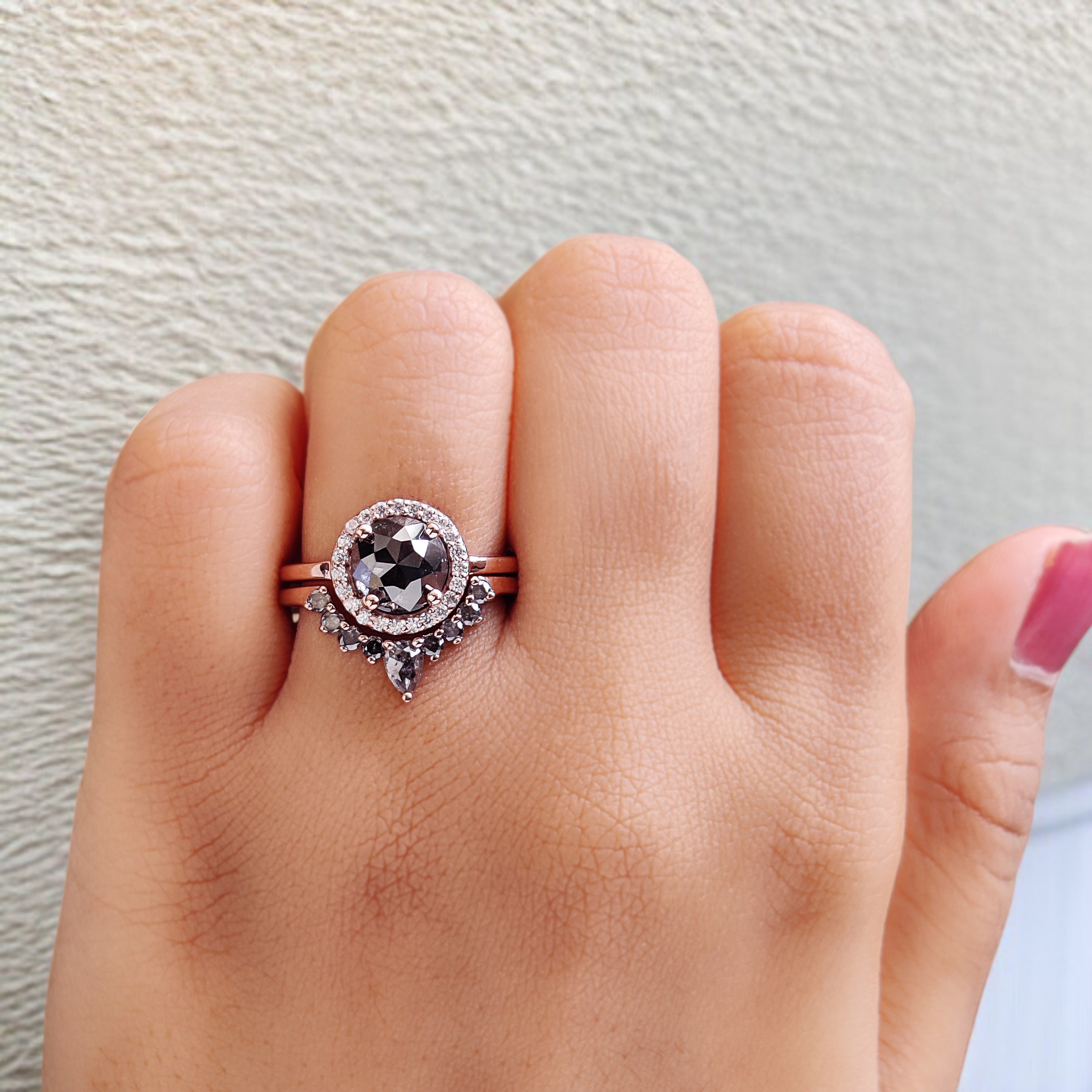 Round Rose Cut Salt And Pepper Diamond Ring 1.86 Ct 7.50 MM Round Diamond Ring 14K Rose Gold Silver Engagement Ring Gift For Her QL1303