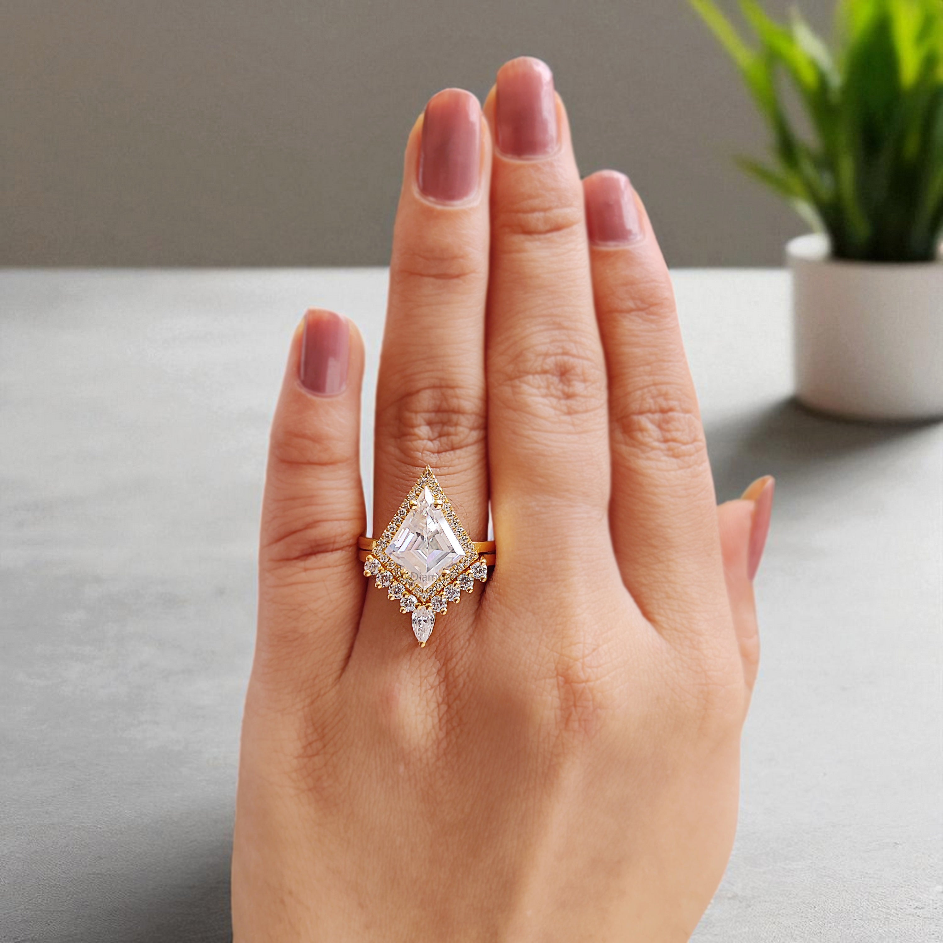5.15 CTW Kite Colorless Moissanite Ring Set Engagement Ring Matching Eternity Band Wedding Ring Halo Setting Bridal Ring Set For Women FD391