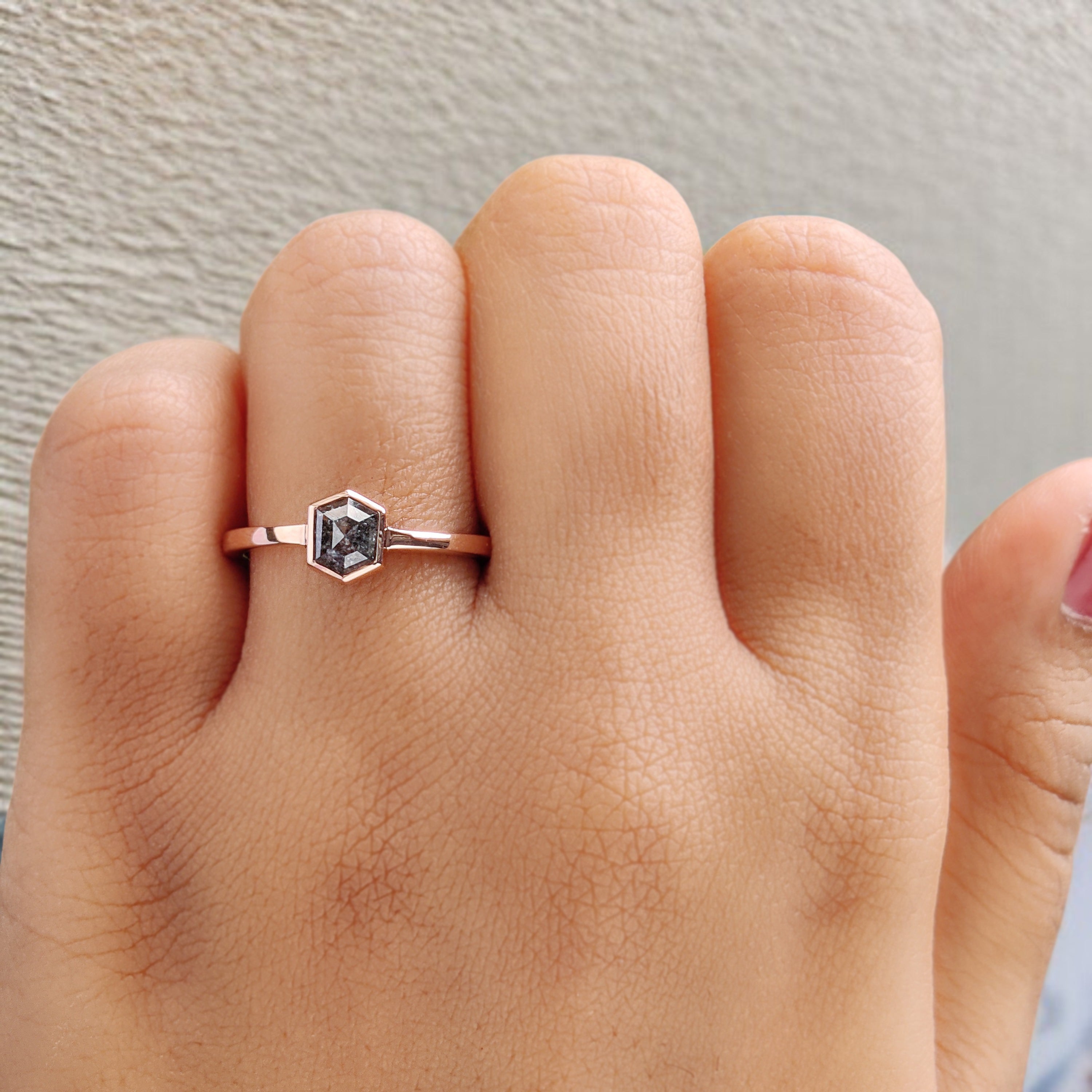 Hexagon Cut Salt And Pepper Diamond Ring 0.76 Ct 5.96 MM Hexagon Diamond Ring 14K Solid Rose Gold Silver Engagement Ring Gift For Her QN2187