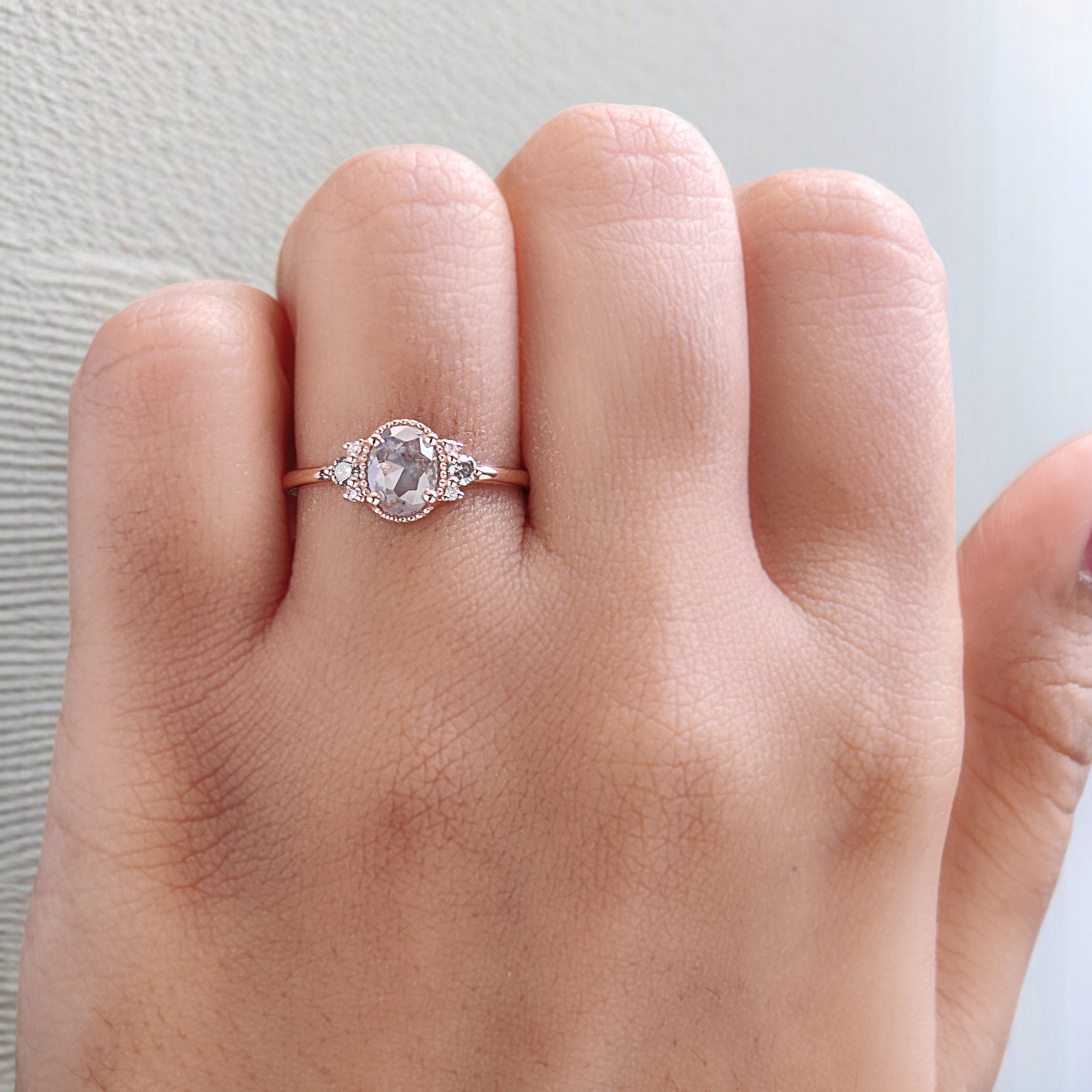 Oval Cut Salt And Pepper Diamond Ring 0.68 Ct 6.27 MM Oval Diamond Ring 14K Solid Rose Gold Silver Oval Engagement Ring Gift For Her QN2185