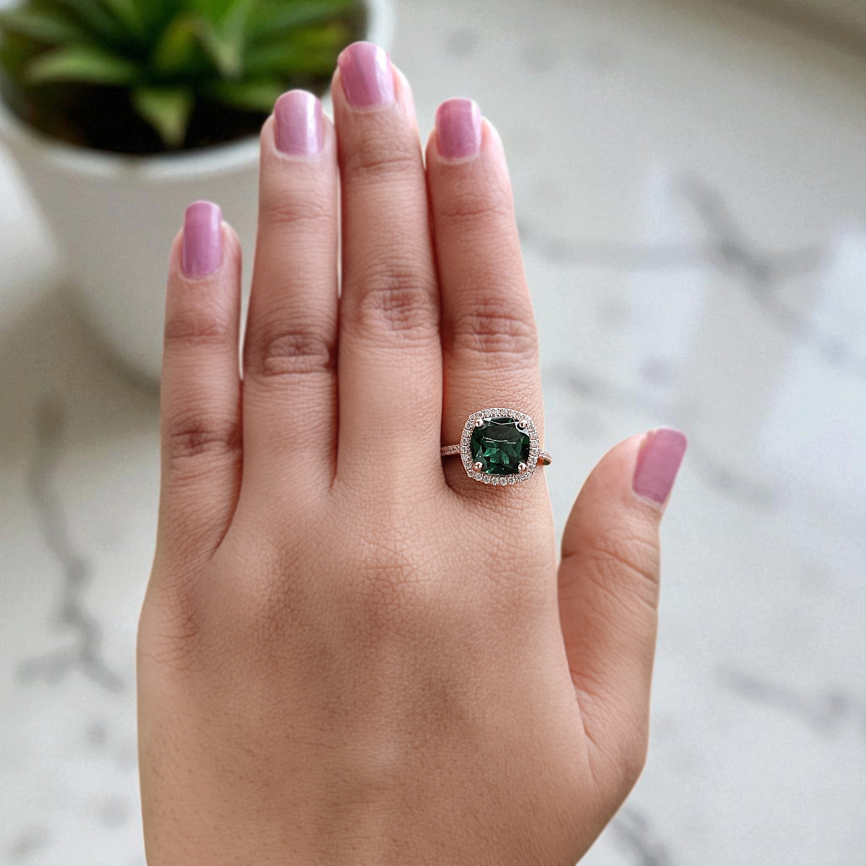 2.60 CT Cushion Cut Green Emerald Engagement Ring Rose Gold Ring Cushion Wedding Ring Unique Art Deco Vintage Halo Ring Gift For Her FD422