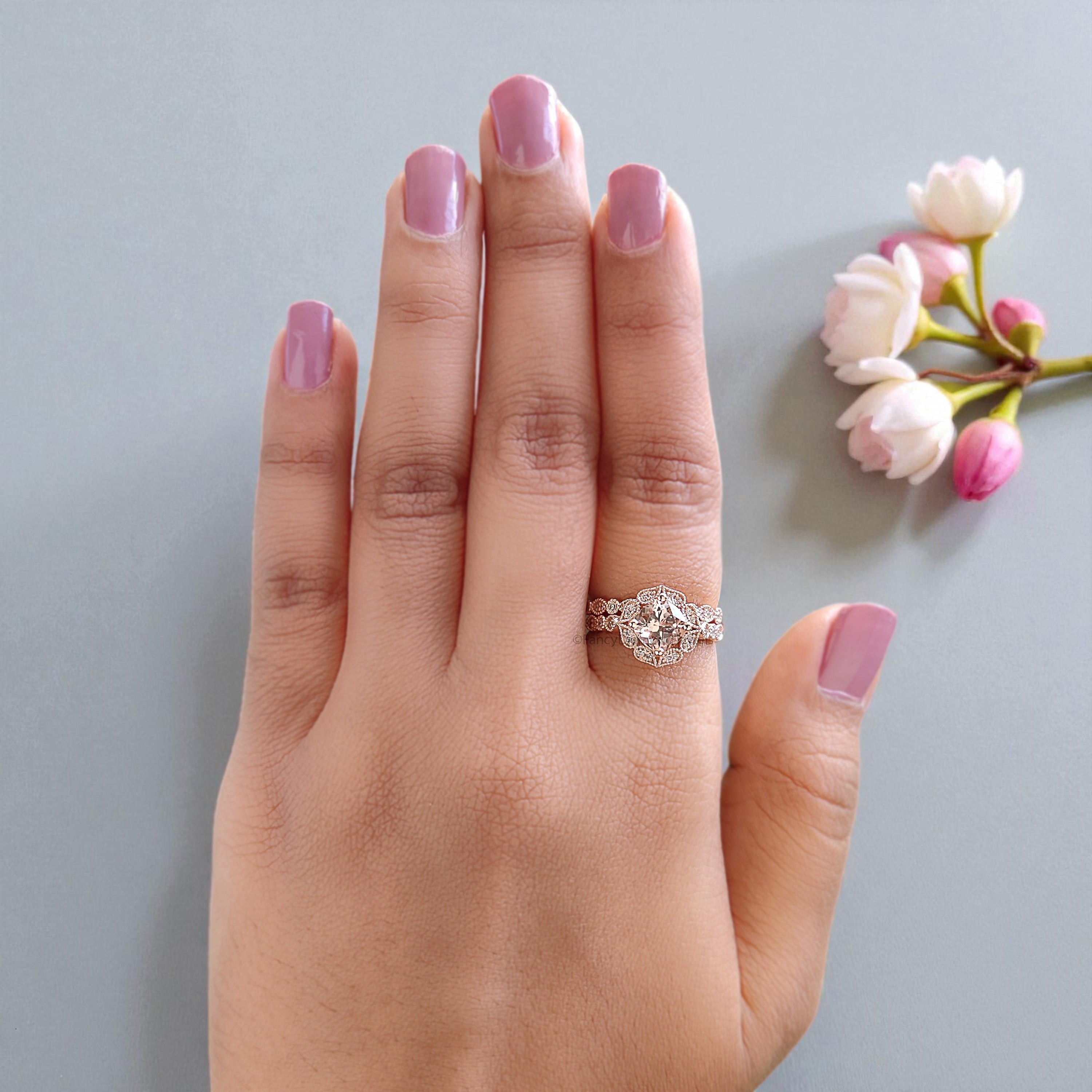 1.00 CT Cushion Cut Natural Morganite Engagement Ring Set Rose Gold Ring Round Diamond Wedding Ring Unique Halo Ring Gift For Her FD451