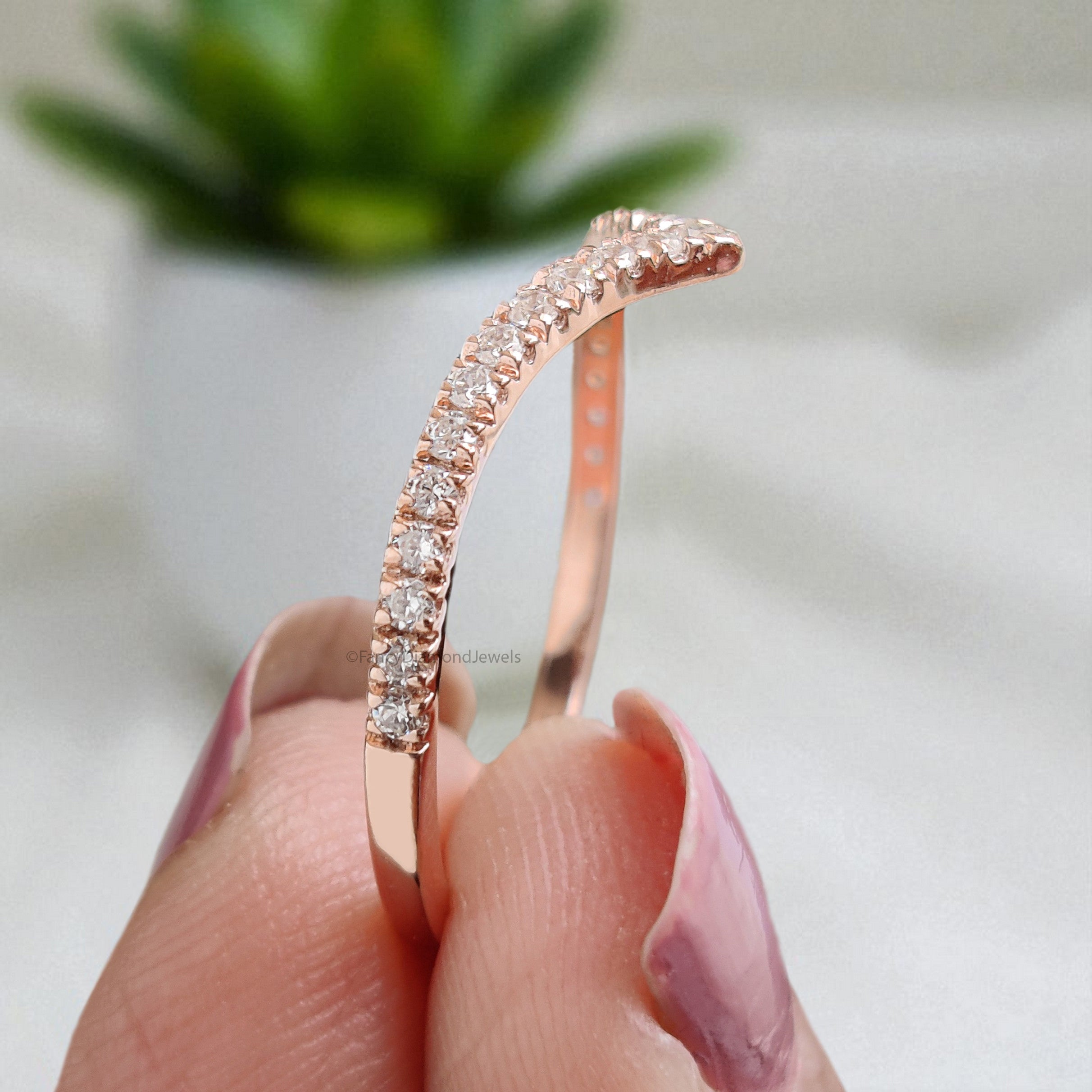 V Shaped Wedding Band 0.20 TW Round Diamond Band Rose Gold Silver/10K/14K/18K Gold Engagement Band Half Eternity Anniversary Ring KD261
