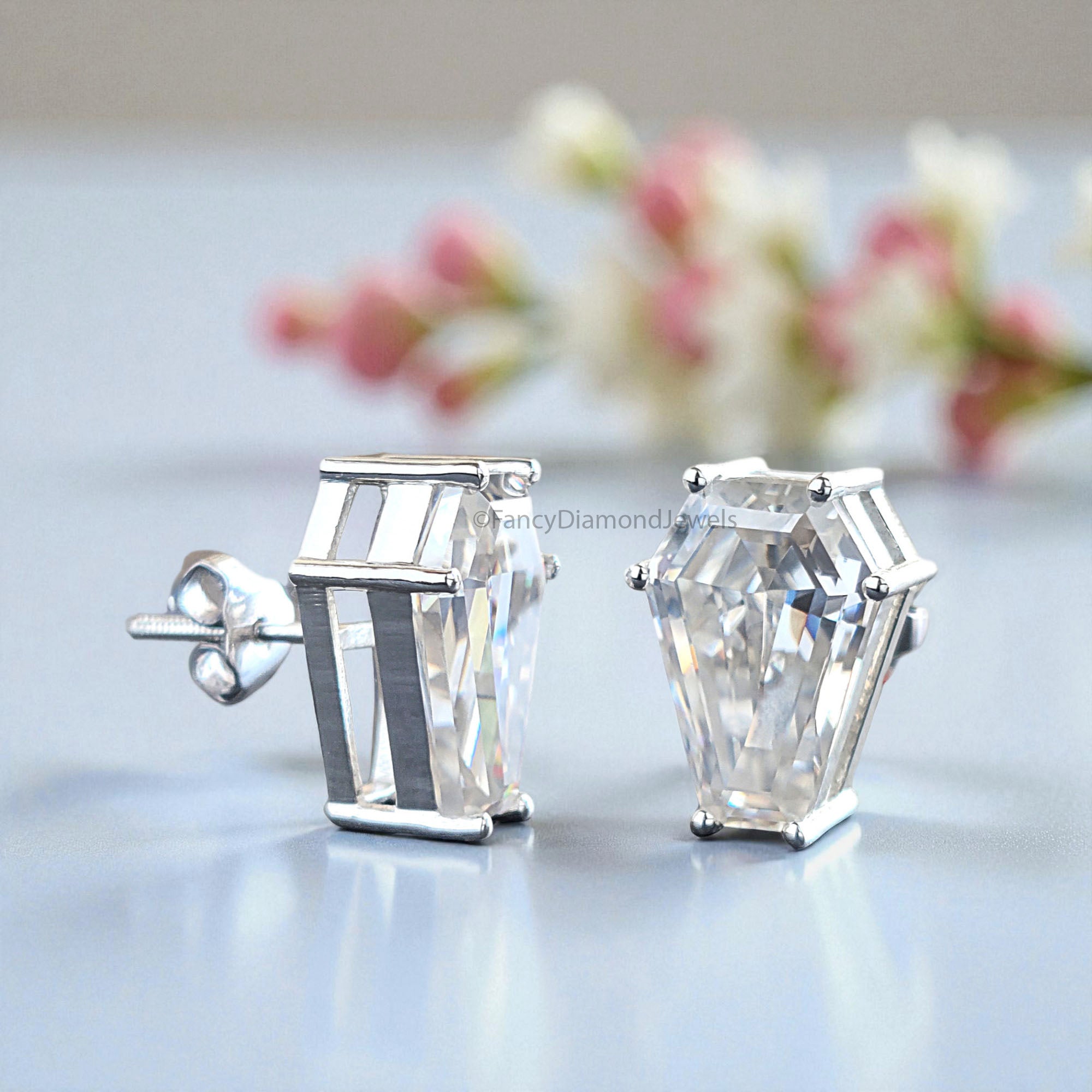 Moissanite Diamond Stud Earrings Coffin Cut Moissanite Earrings 8.35 TW Colorless Moissanite Screw Back Earrings Gift for Women FD59