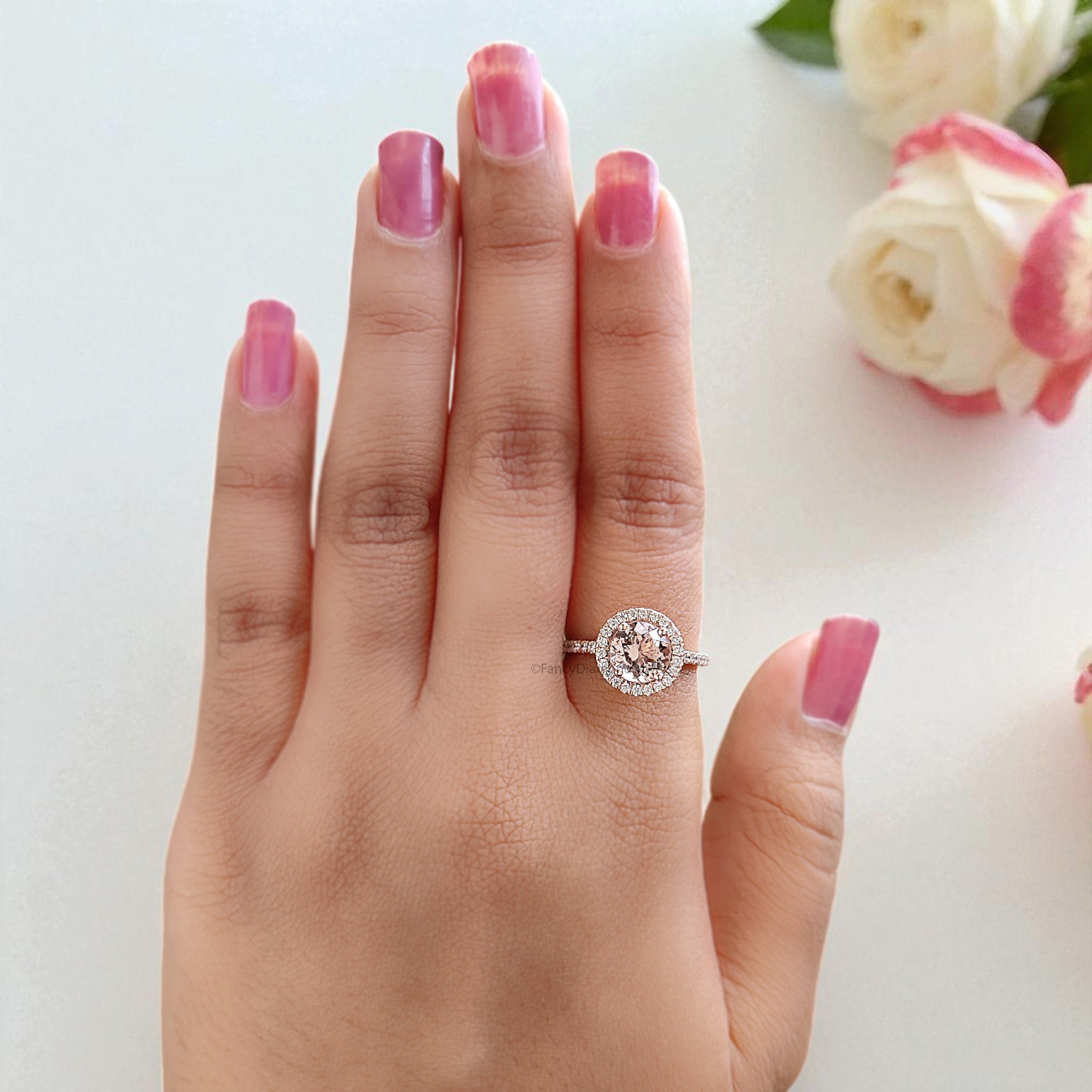 1.40 CT Round Cut Natural Morganite Engagement Ring Rose Gold Ring Round Shape Wedding Ring Unique Vintage Halo Ring Gift For Her FD433