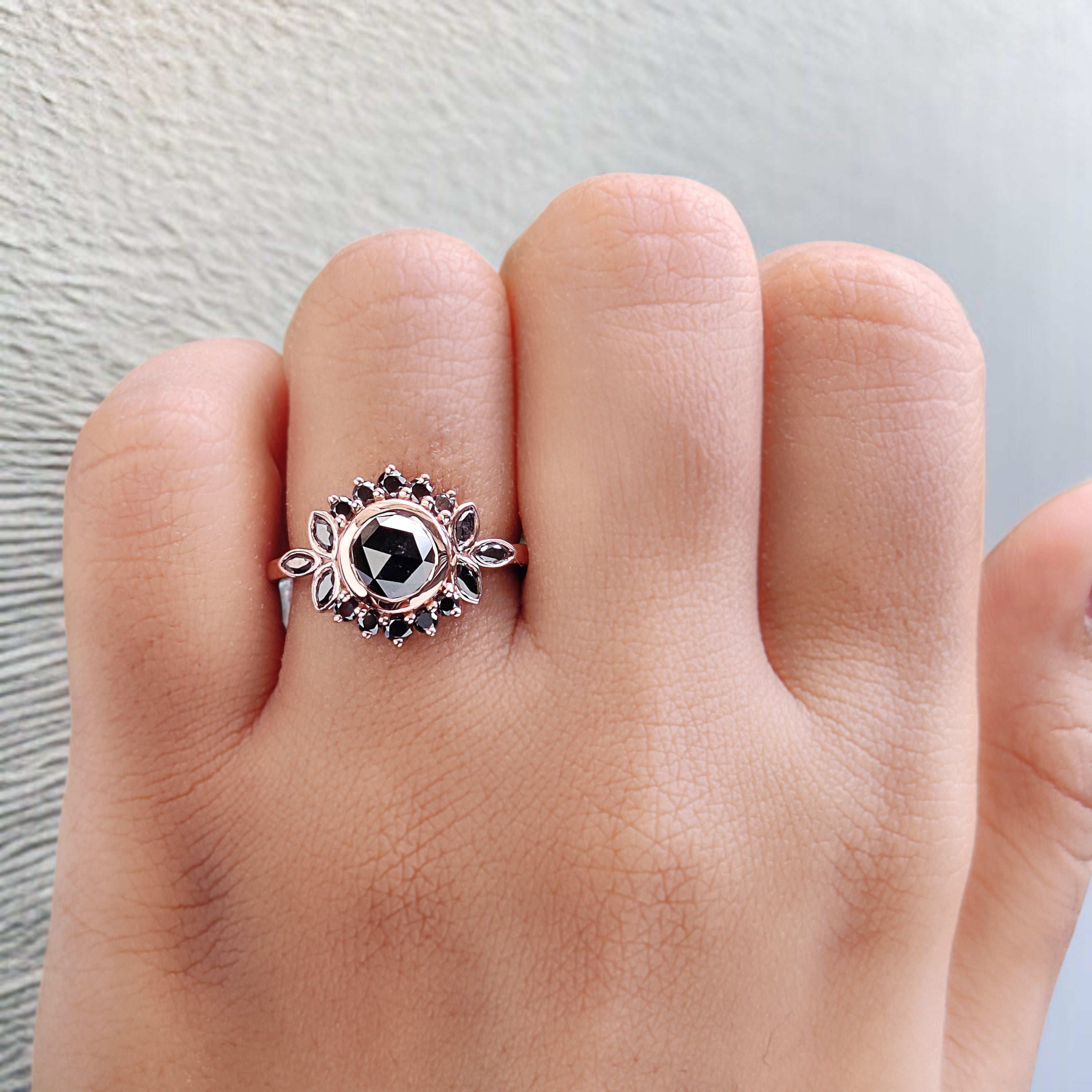 Round Rose Cut Black Color Diamond Ring 0.80 Ct 6.00 MM Rose Cut Diamond Ring 14K Solid Rose Gold Silver Engagement Ring Gift For Her QN9075