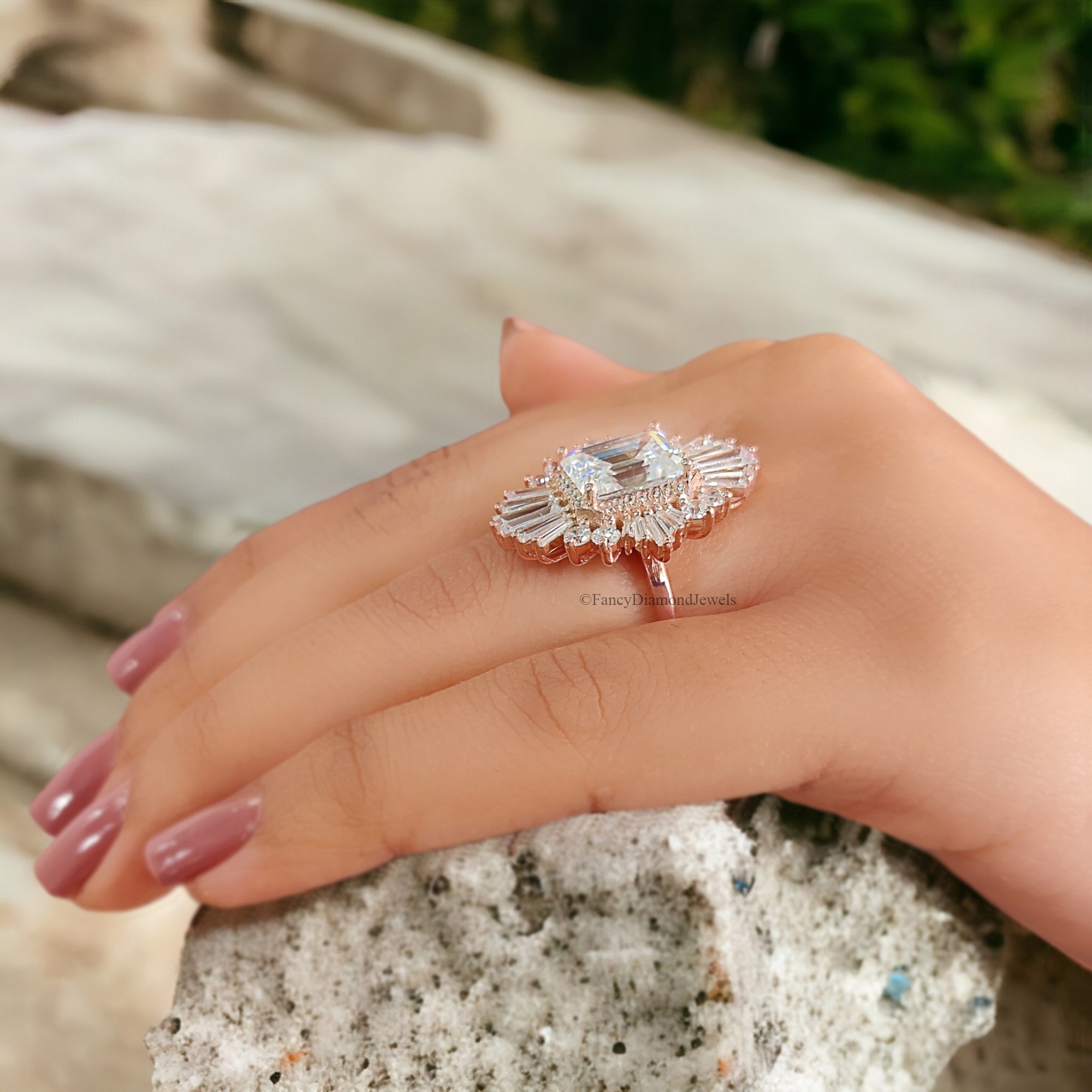0.95 CT Emerald Cut Moissanite Ring SunBurst Halo Engagement Ring Bridal Wedding Ring Anniversary Gift Ring Valentine's Gift For Women FD257