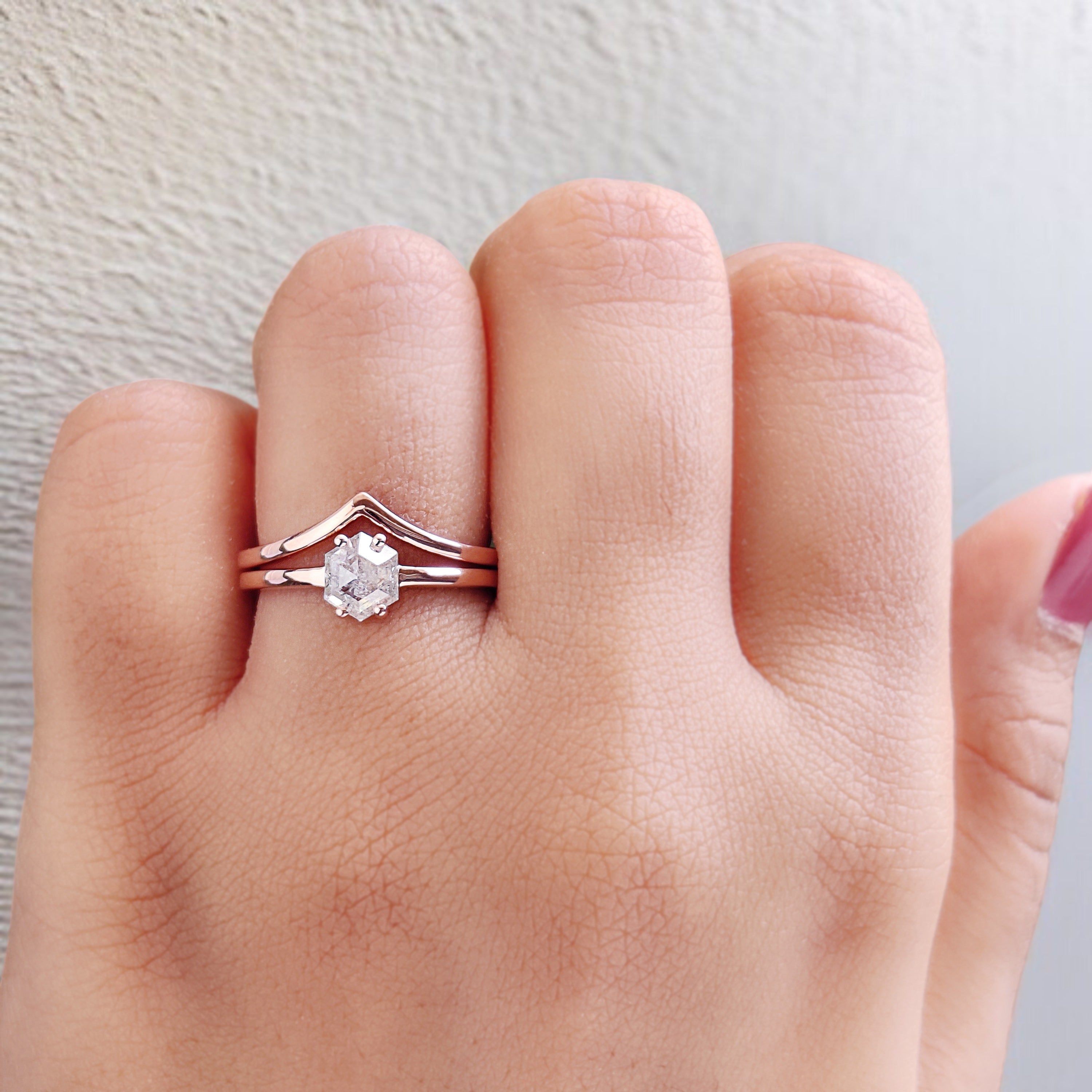 Hexagon Cut Salt And Pepper Diamond Ring 0.78 Ct 6.15 MM Hexagon Diamond Ring 14K Solid Rose Gold Silver Engagement Ring Gift For Her QN2183