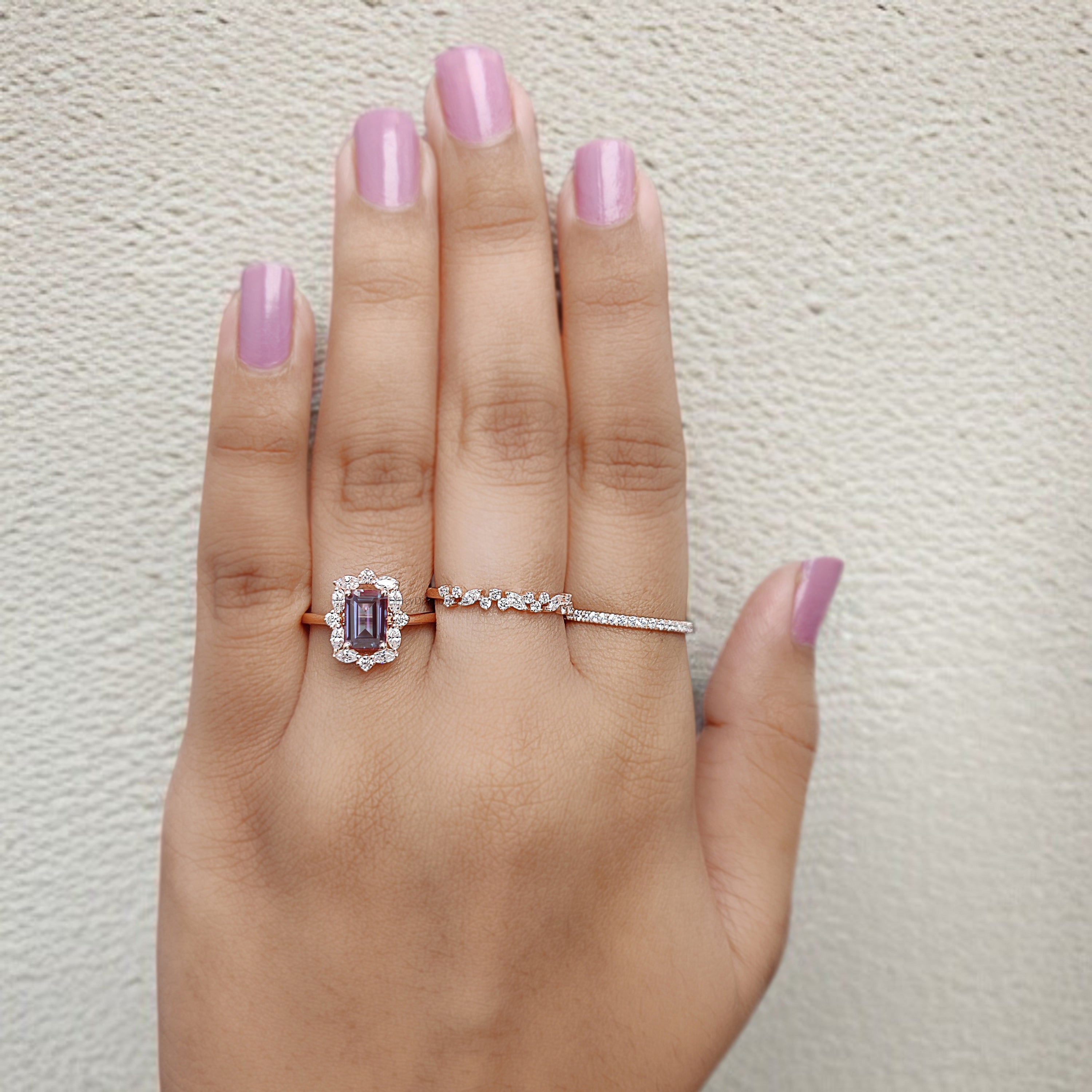 1.45 CT Emerald Cut Lab Alexandrite Engagement Ring Set Unique art deco Marquise halo Starburst Ring Round wedding ring Gift For Her FD417