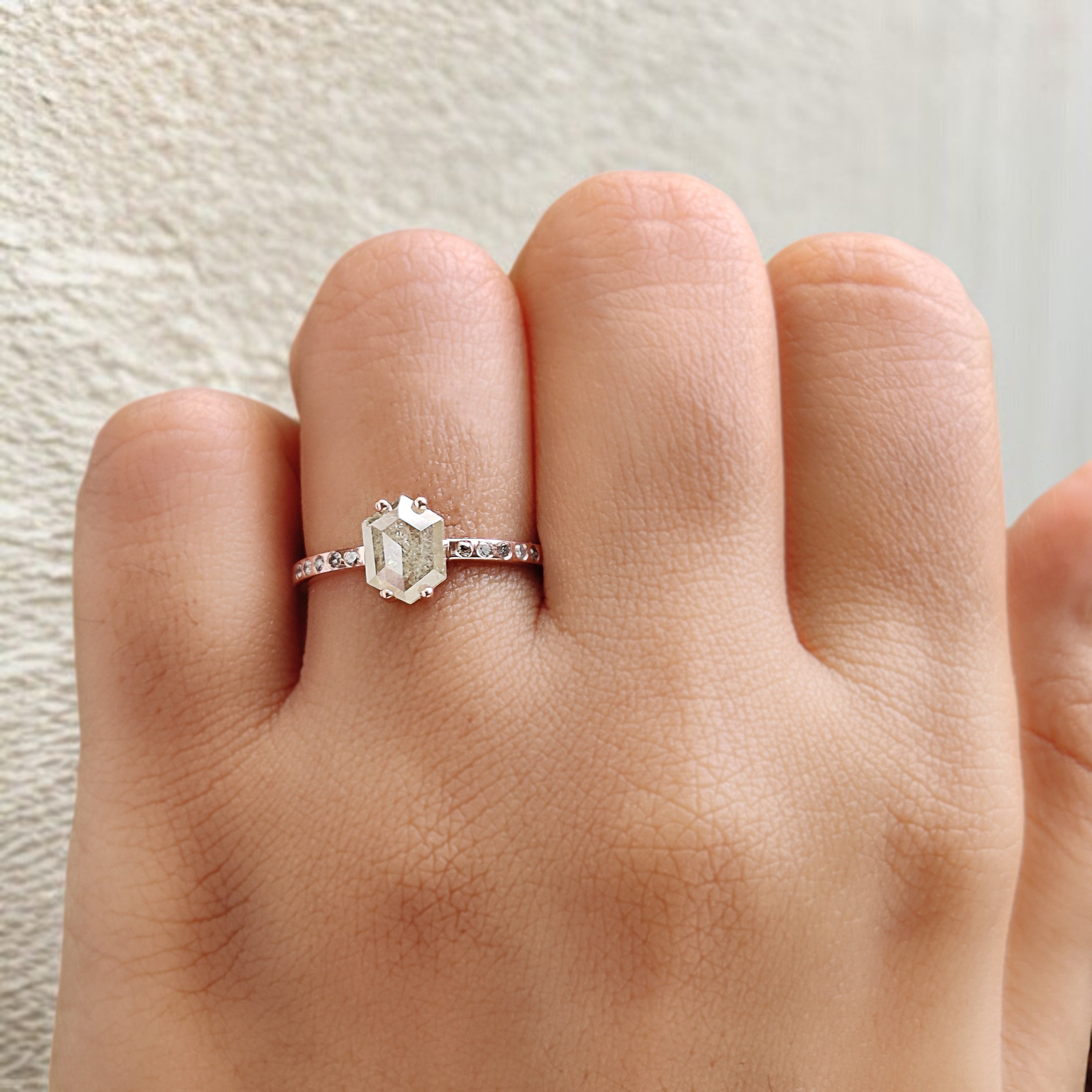 Hexagon Grey Color Diamond Ring 0.75 Ct 7.45 MM Hexagon Shape Diamond Ring 14K Solid Rose Gold Silver Engagement Ring Gift For Her QK2097