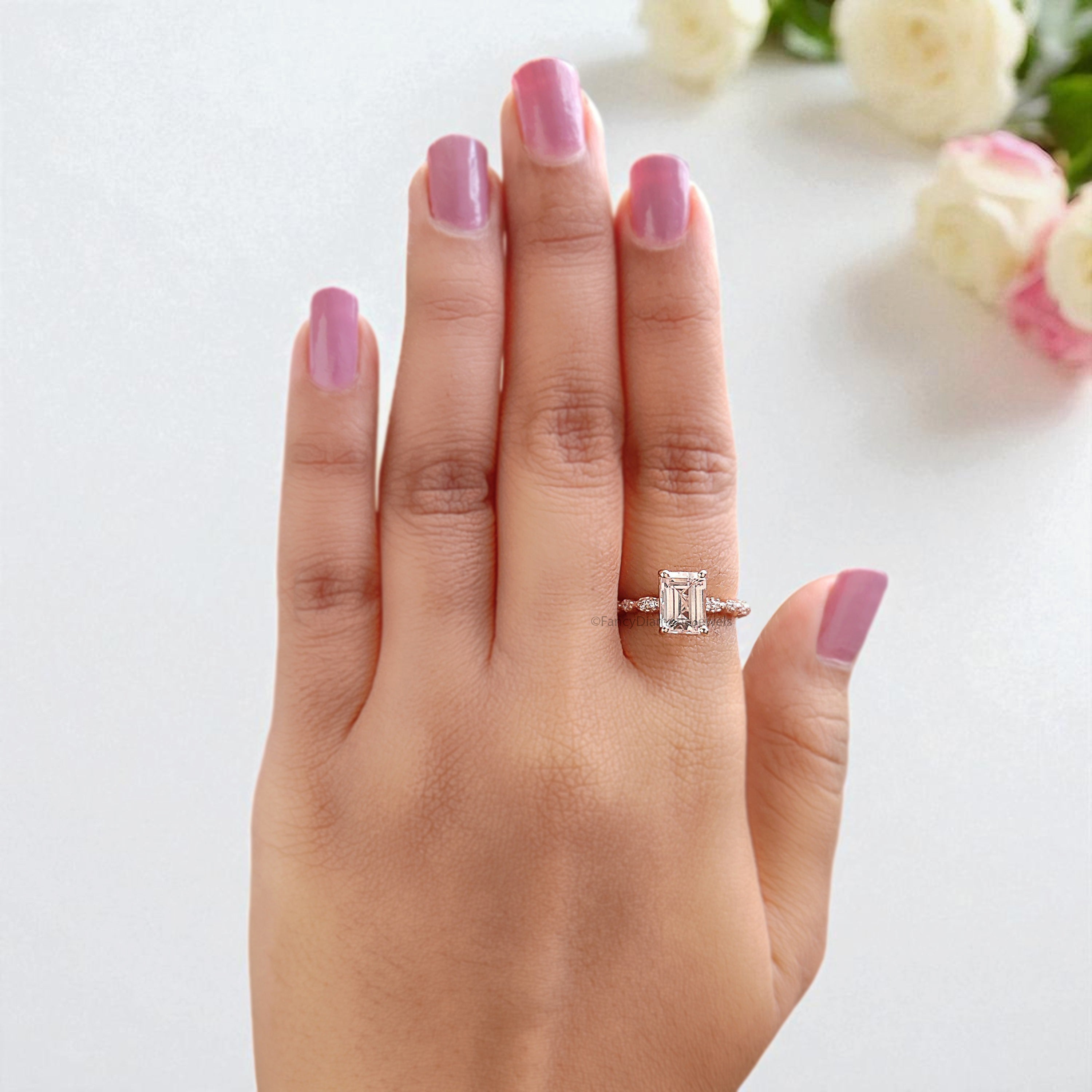 1.58 CT Emerald Cut Natural Morganite Engagement Ring Rose Gold Ring Emerald Diamond Wedding Ring Unique Vintage Ring Gift For Her FD428