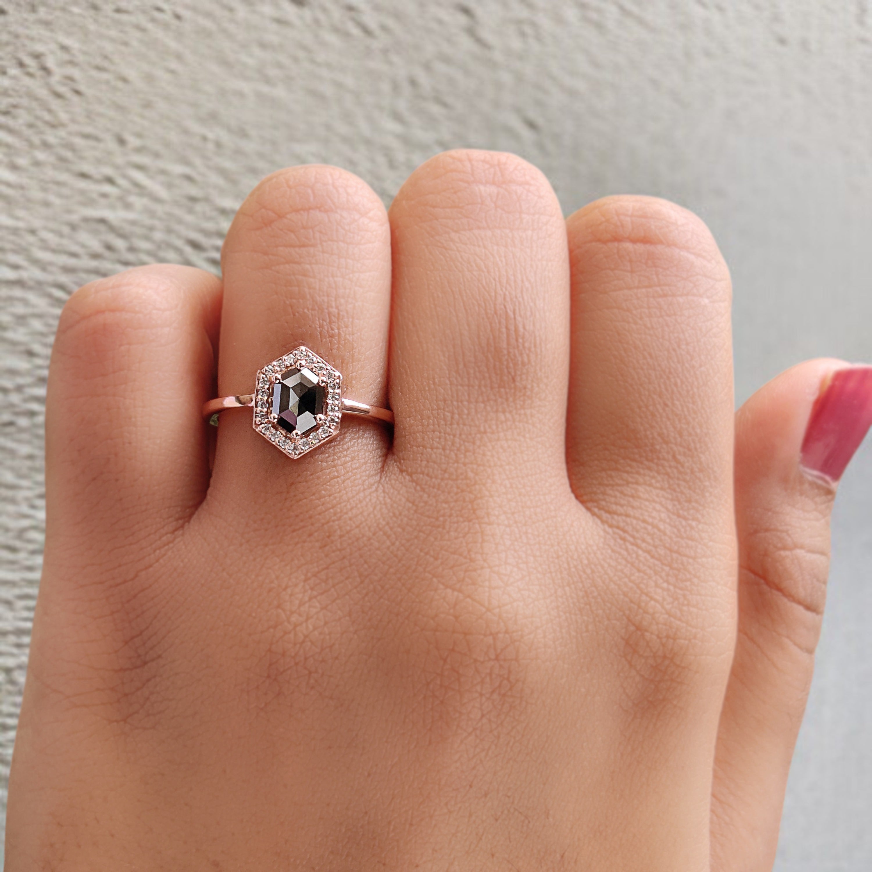 Hexagon Cut Black Color Diamond Ring 0.56 Ct 6.84 MM Hexagon Diamond Ring 14K Rose Gold Silver Hexagon Engagement Ring Gift For Her QN2233