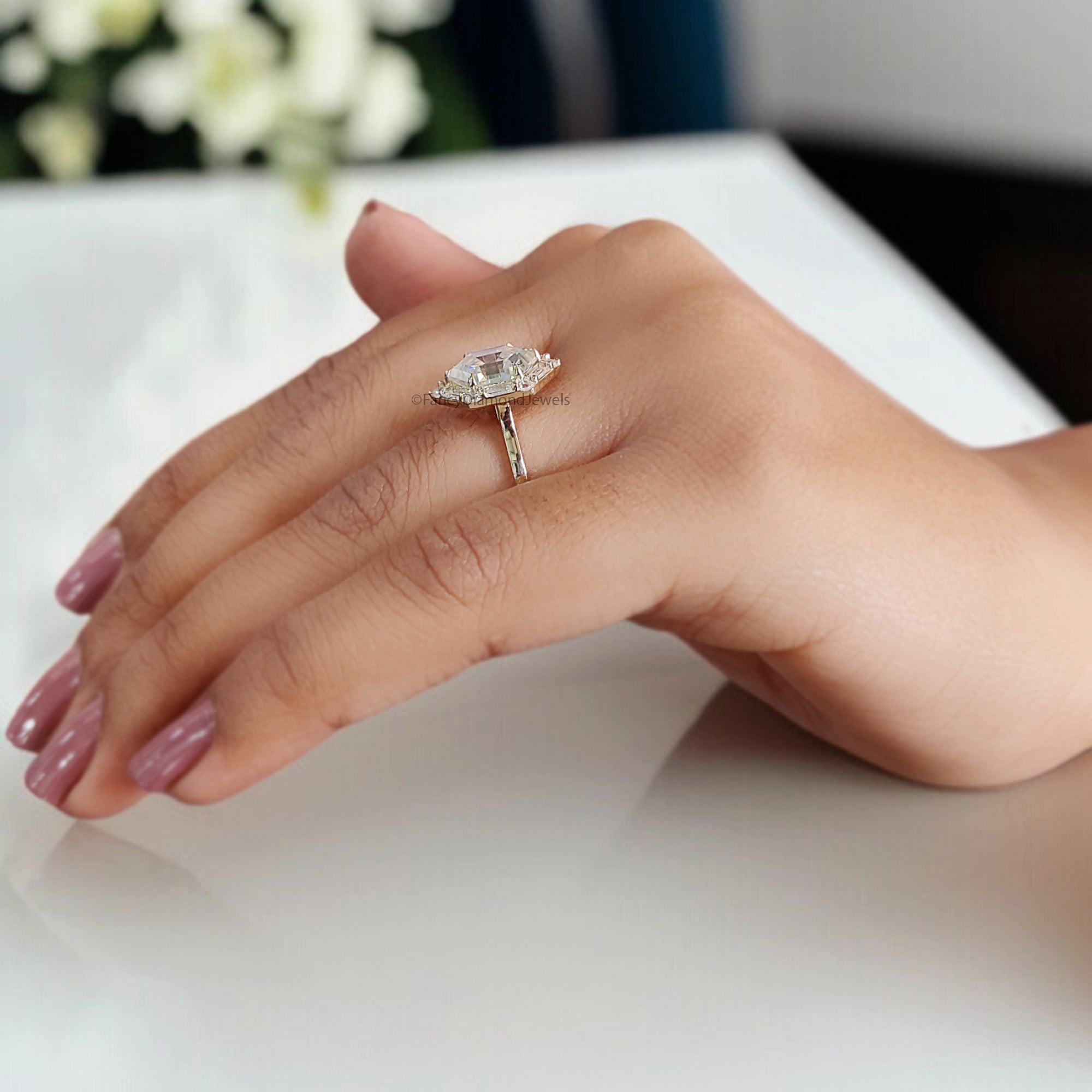 2.35 CT Hexagon Cut Moissanite Engagement Ring with Side Baguette Moissanite Ring Yellow Gold Ring Bridal Anniversary Gift For Her FD321