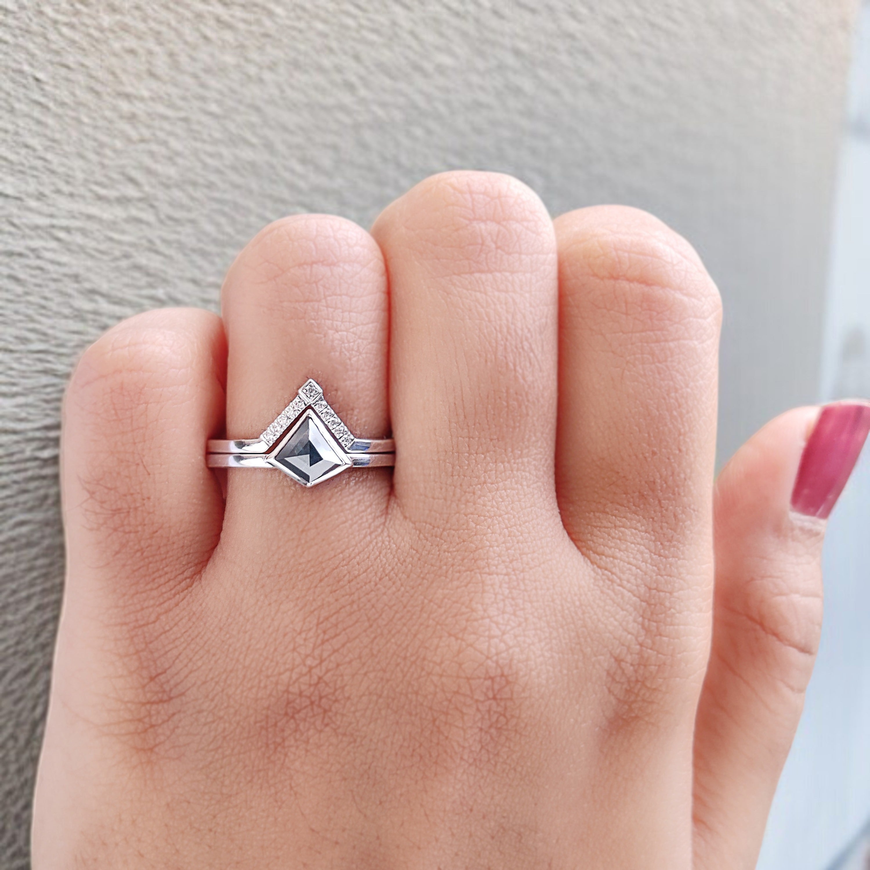 Kite Cut Blue Color Diamond Ring Set 0.44 Ct 6.42 MM Kite Diamond Ring 14K Solid White Gold Silver Engagement Kite Ring Gift For Her KD1111