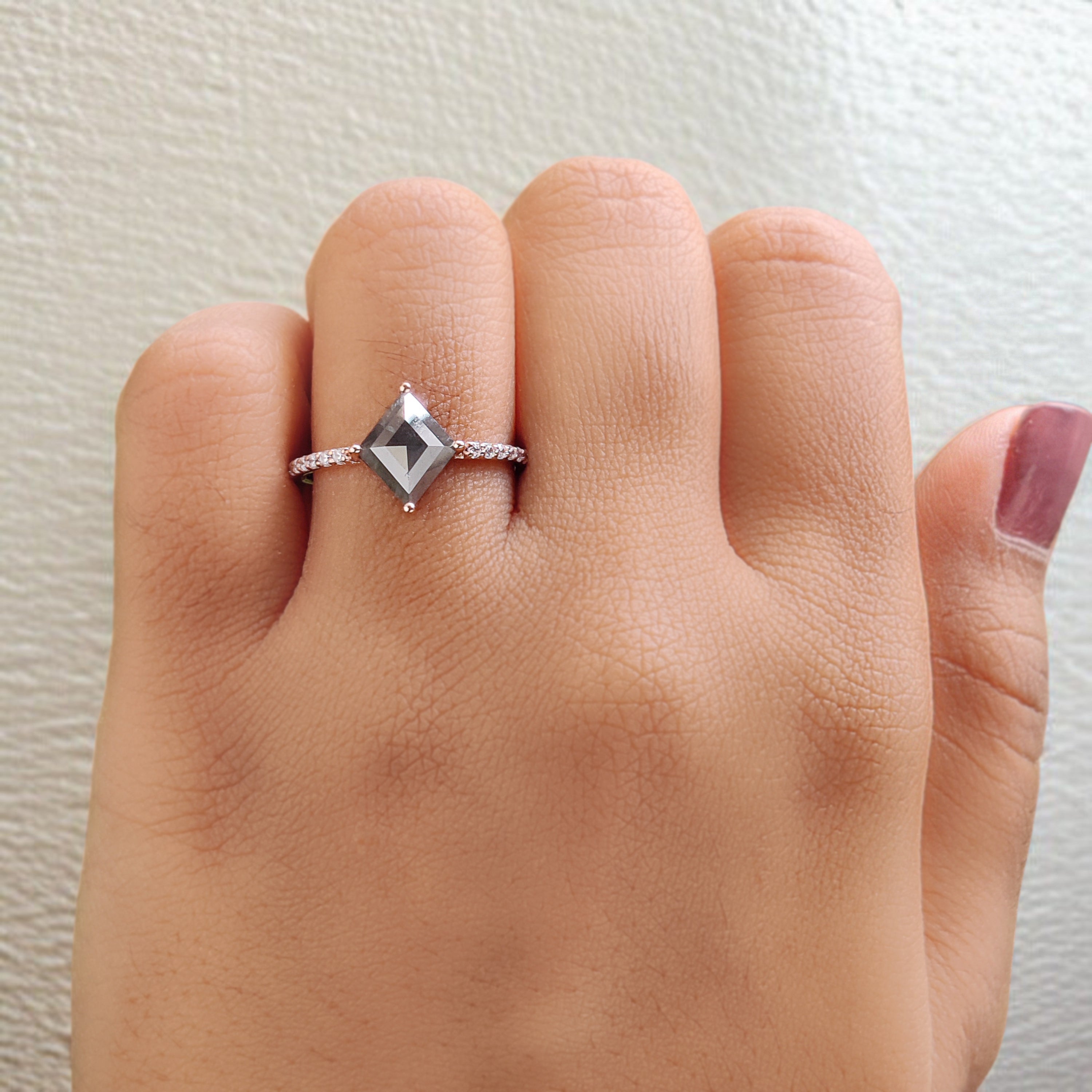 Kite Cut Salt And Pepper Diamond Ring 1.50 Ct 9.60 MM Kite Diamond Ring 14K Solid Rose Gold Silver Kite Engagement Ring Gift For Her QK2049