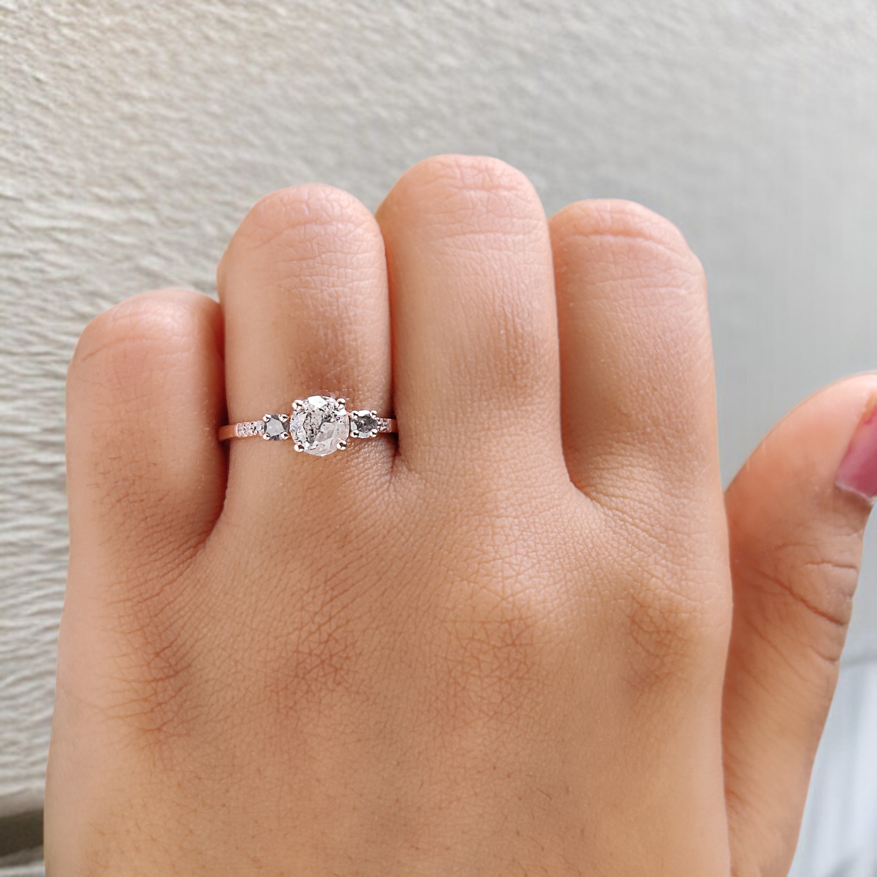 Round Cut Salt And Pepper Diamond Ring 0.83 Ct 5.64 MM Round Diamond Ring 14K Solid Rose Gold Silver Engagement Ring Gift For Her QN2184