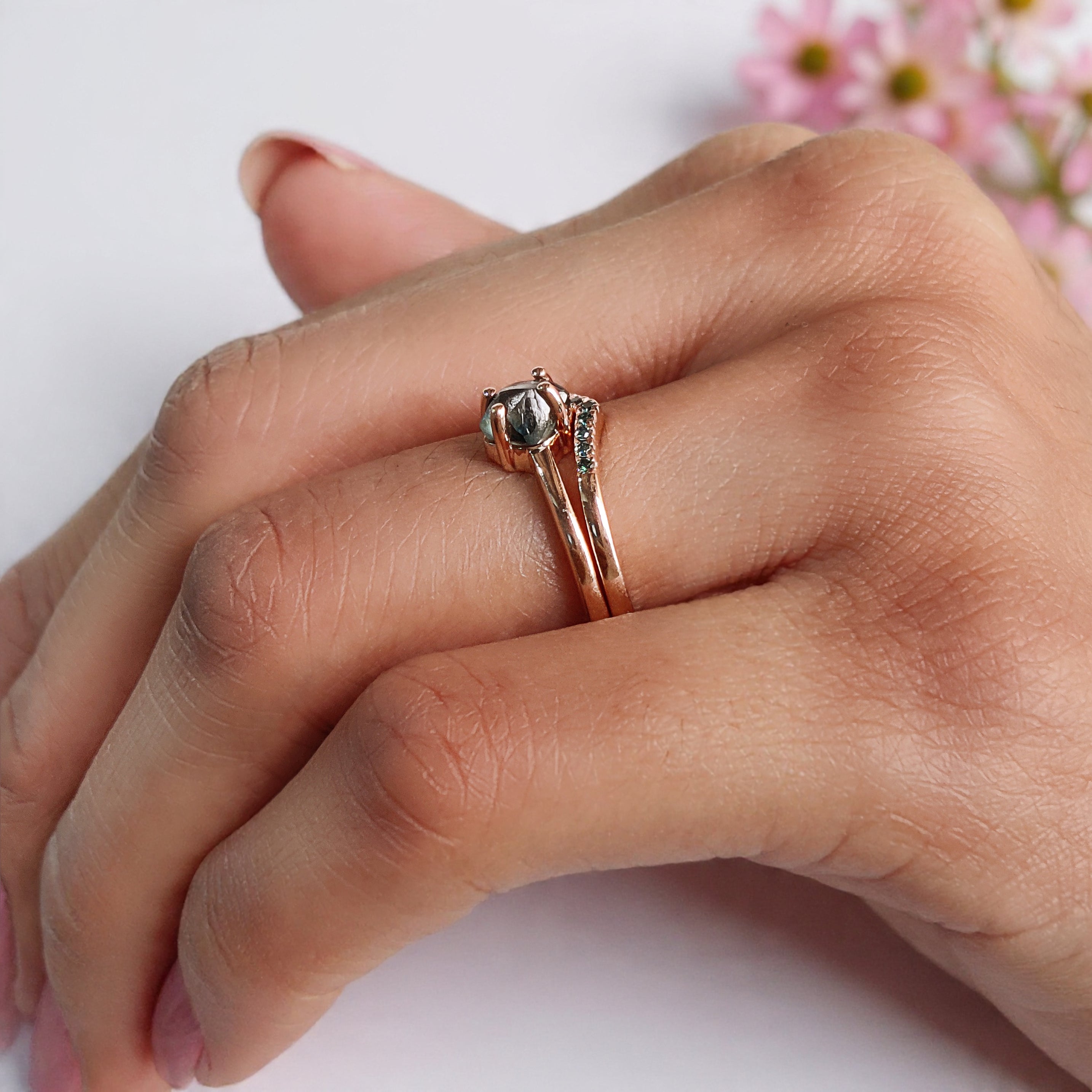 1.05 Ct Natural Rough Cut Blue Color Diamond Ring 6.30 MM Crystal Rough Diamond Ring 14K Solid Rose Gold Silver Engagement Ring QL2344