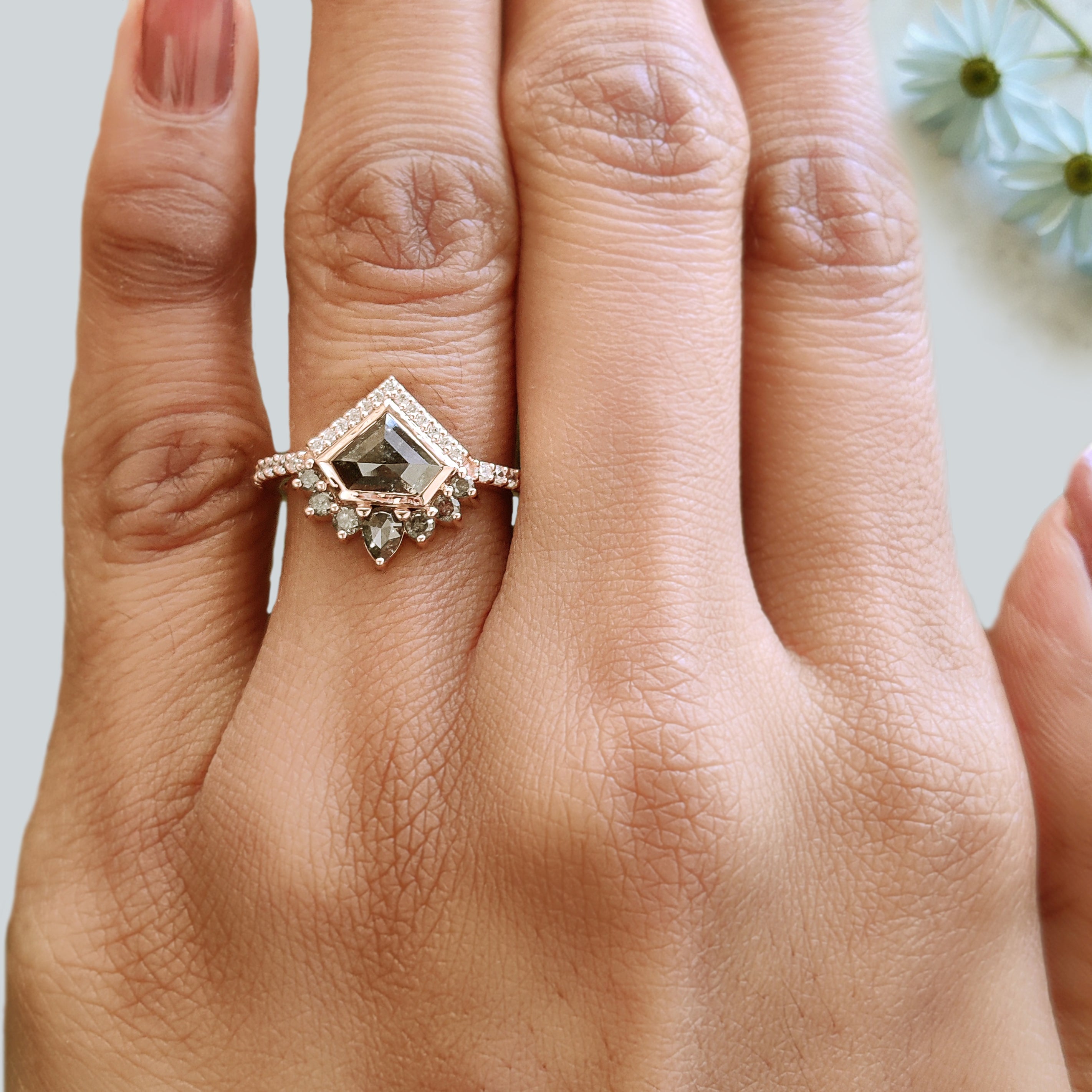 0.90 Ct Natural Shield Shape Salt And Pepper Diamond Ring 5.55 MM Shield Cut Diamond Ring 14K Solid Rose Gold Silver Engagement Ring KDN767