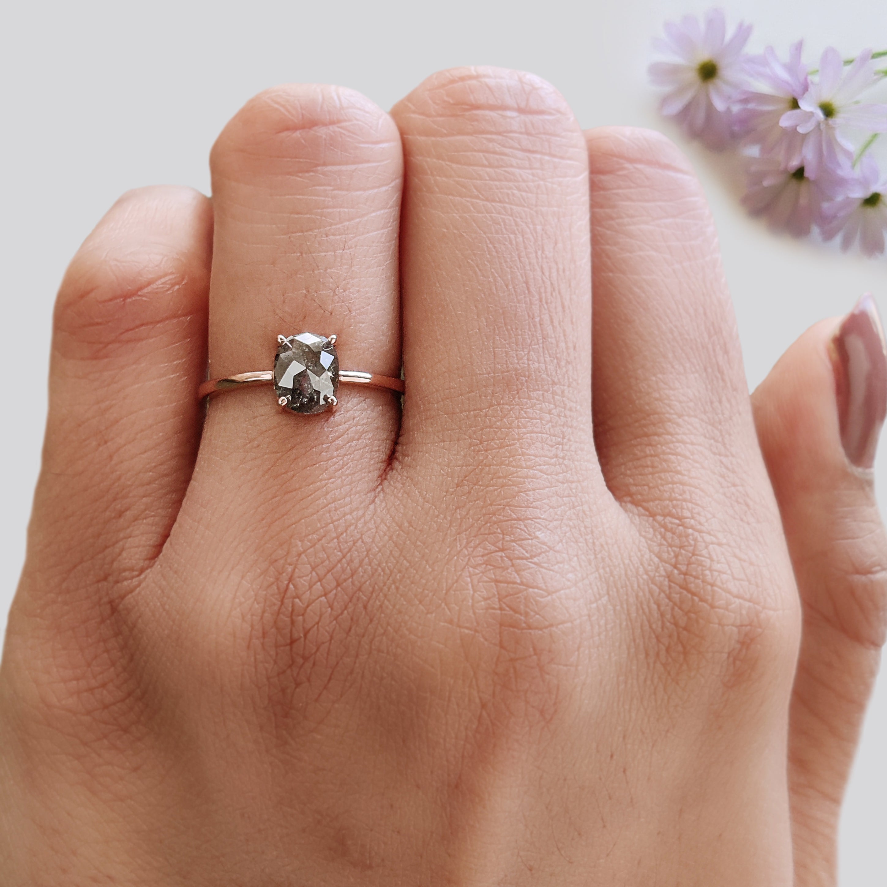 Oval Cut Salt And Pepper Diamond Ring 1.04 Ct 6.84 MM Oval Diamond Ring 14K Solid Rose Gold Silver Oval Engagement Ring Gift For Her KDL2015