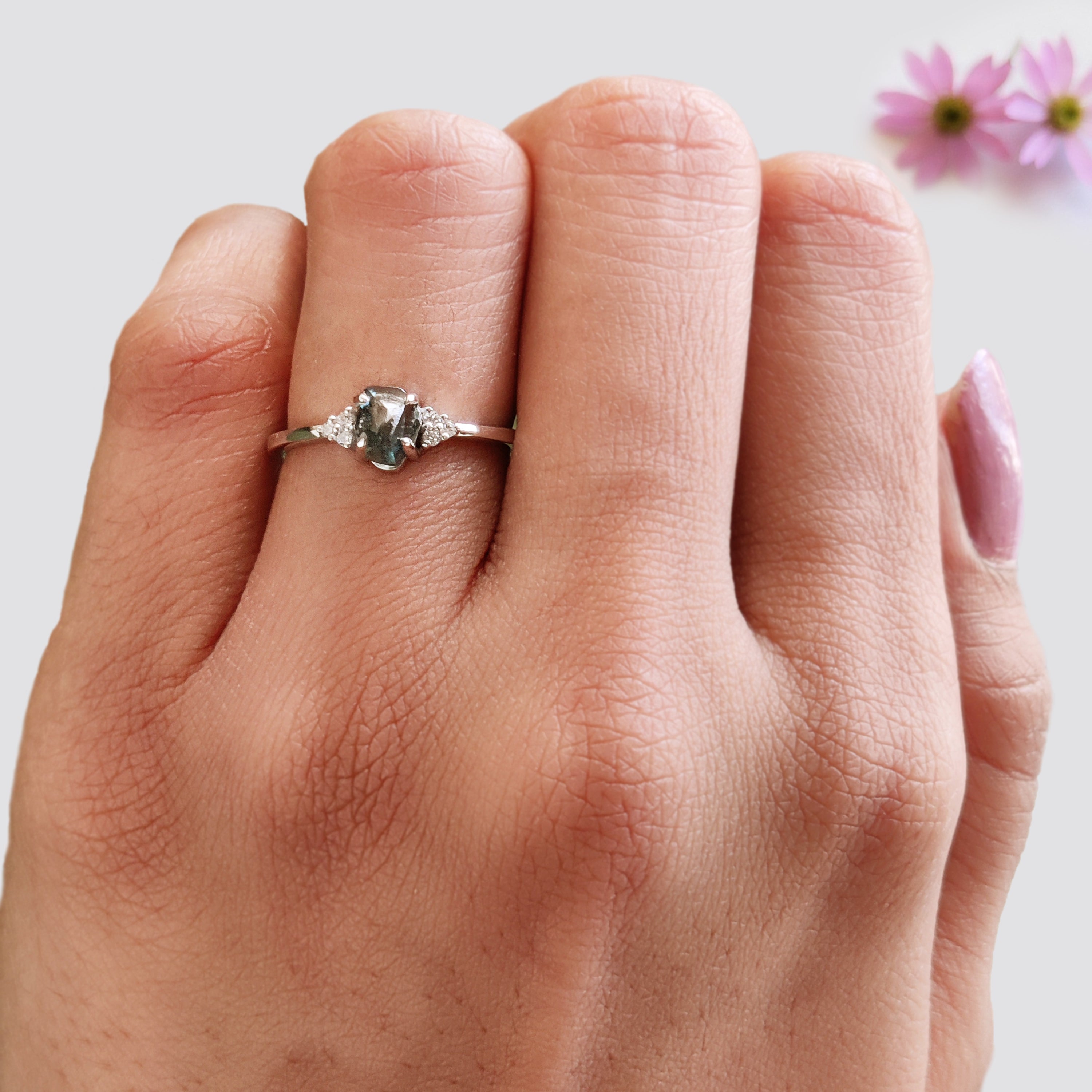 Rough Blue Color Diamond Ring 0.99 Ct 5.83 MM Crystal Rough Diamond Ring 14K Solid White Gold Silver Engagement Ring Gift For Her QL2361