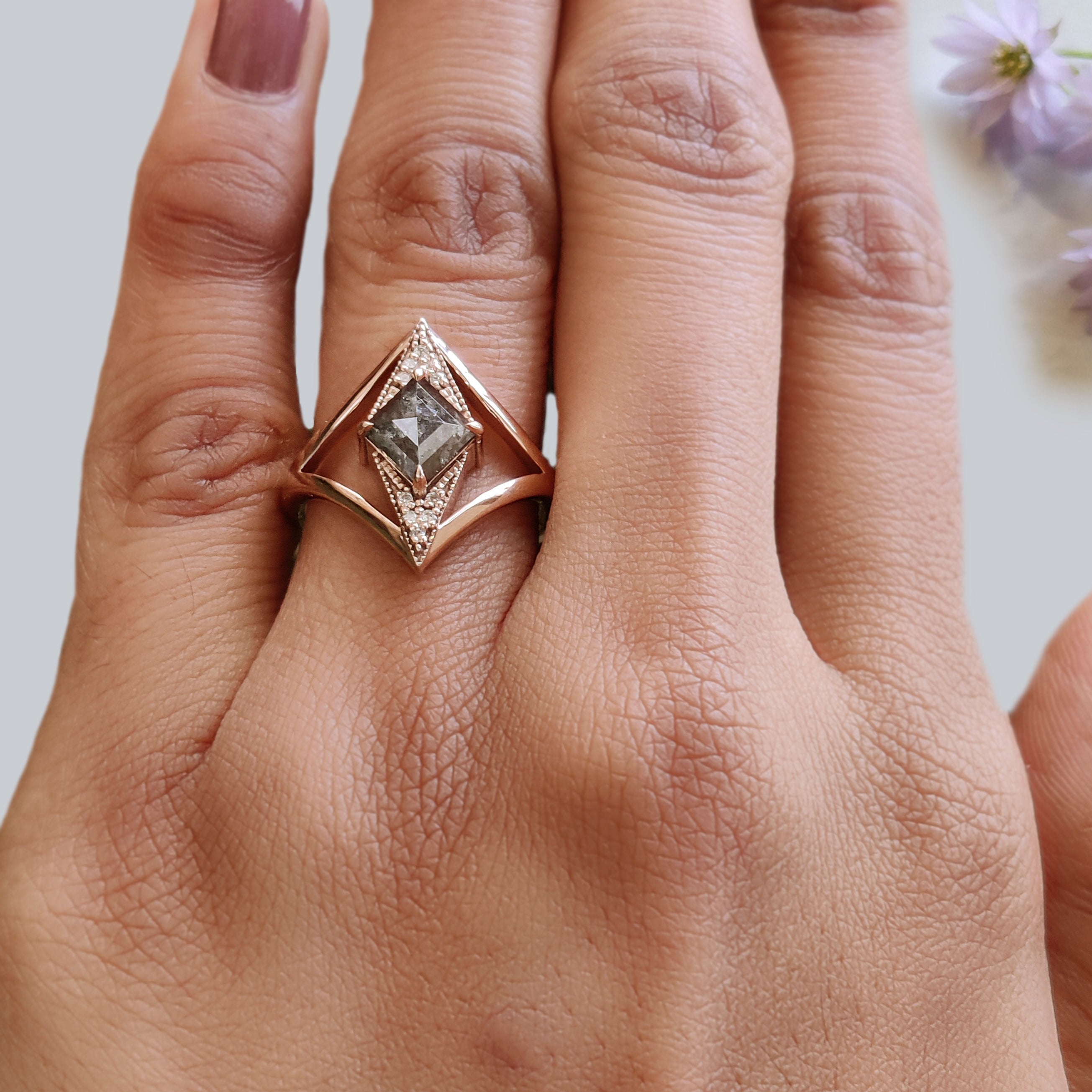 Kite Cut Salt And Pepper Diamond Ring 0.97 Ct 8.09 MM Kite Diamond Ring 14K Solid Rose Gold Silver Kite Engagement Ring Gift For Her QL2199