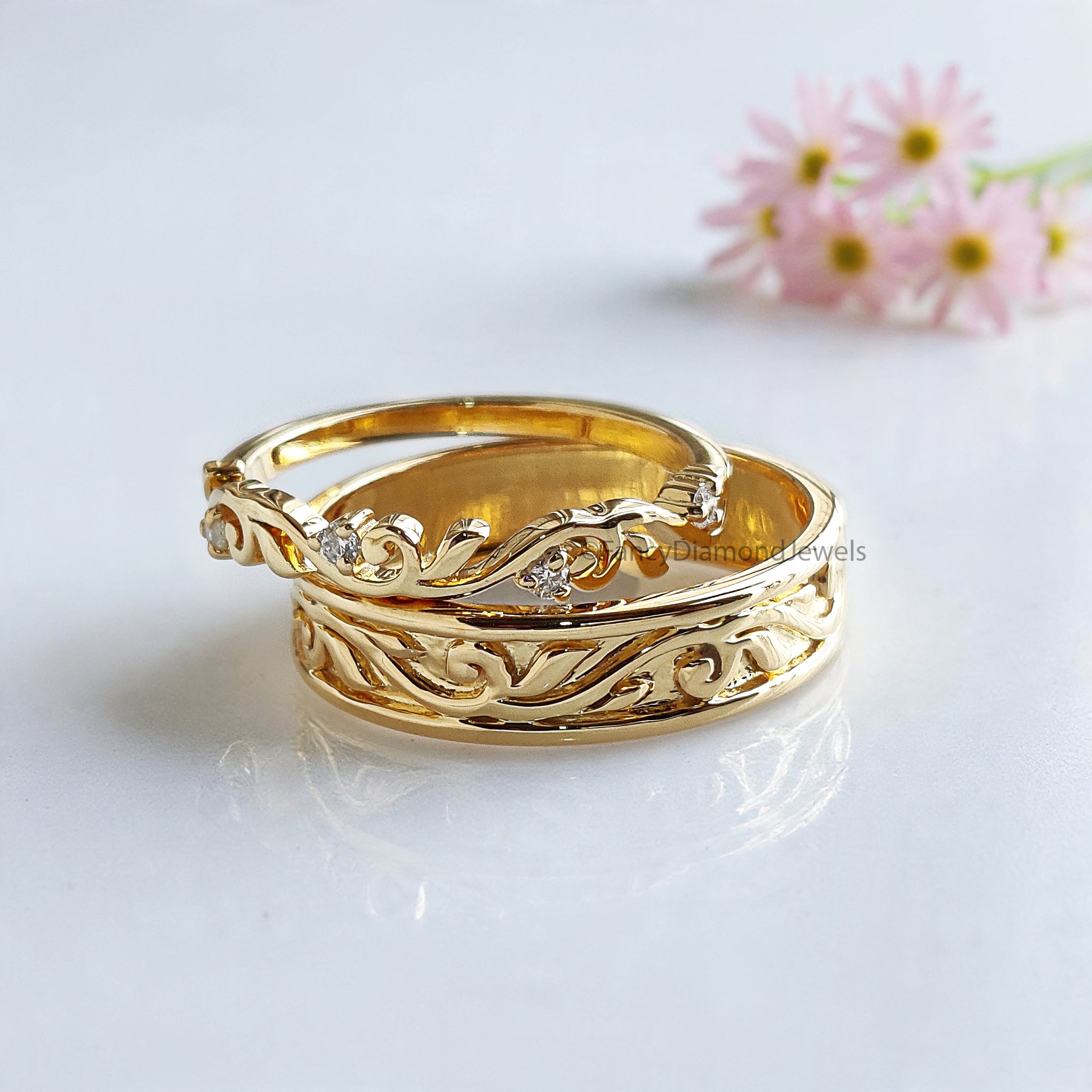 Elegant Silver Wedding Ring Set with Sparkling Diamonds for Couples Wedding Band Set Natural Style Flower & Leaf Wedding Ring Set FD524