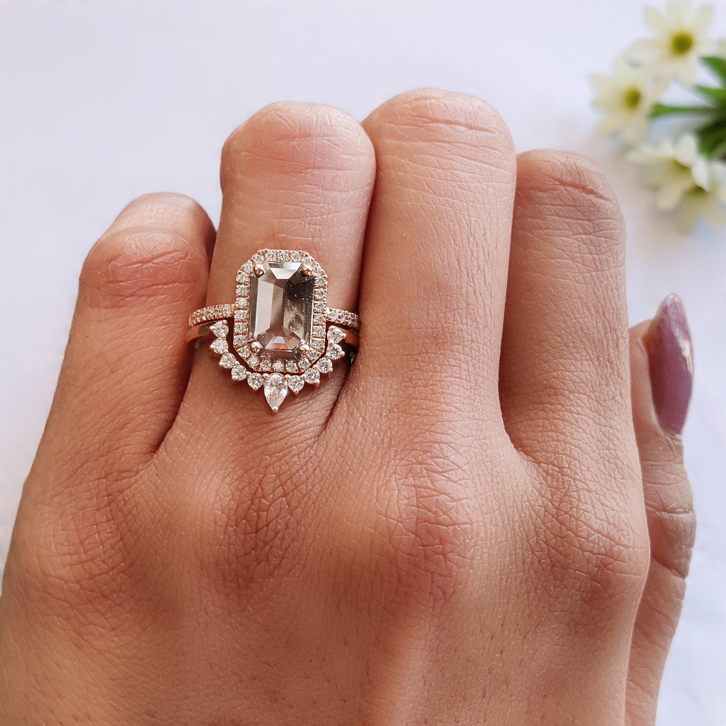 1.70 CT Emerald Lab Grown Diamond Ring Emerald Fancy Black Grey Salt And Pepper Diamond Ring Engagement Ring Bridal Wedding Ring Set KDL3522