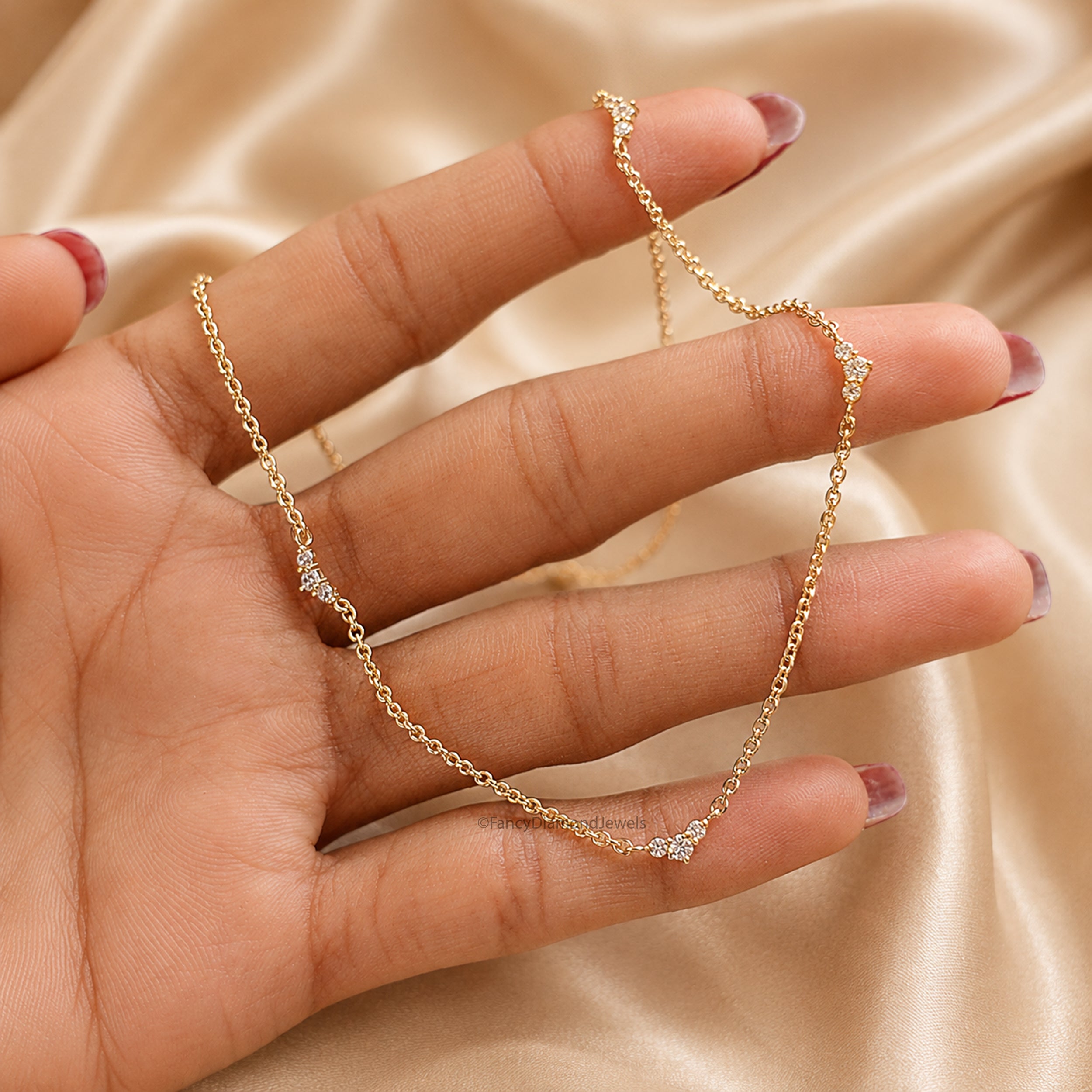 18K Solid Gold Diamond Triangle Cluster Necklace, Adjustable Station Chain Lab Grown Diamond, Gold Attached Diamond Solitaire Necklace FD566