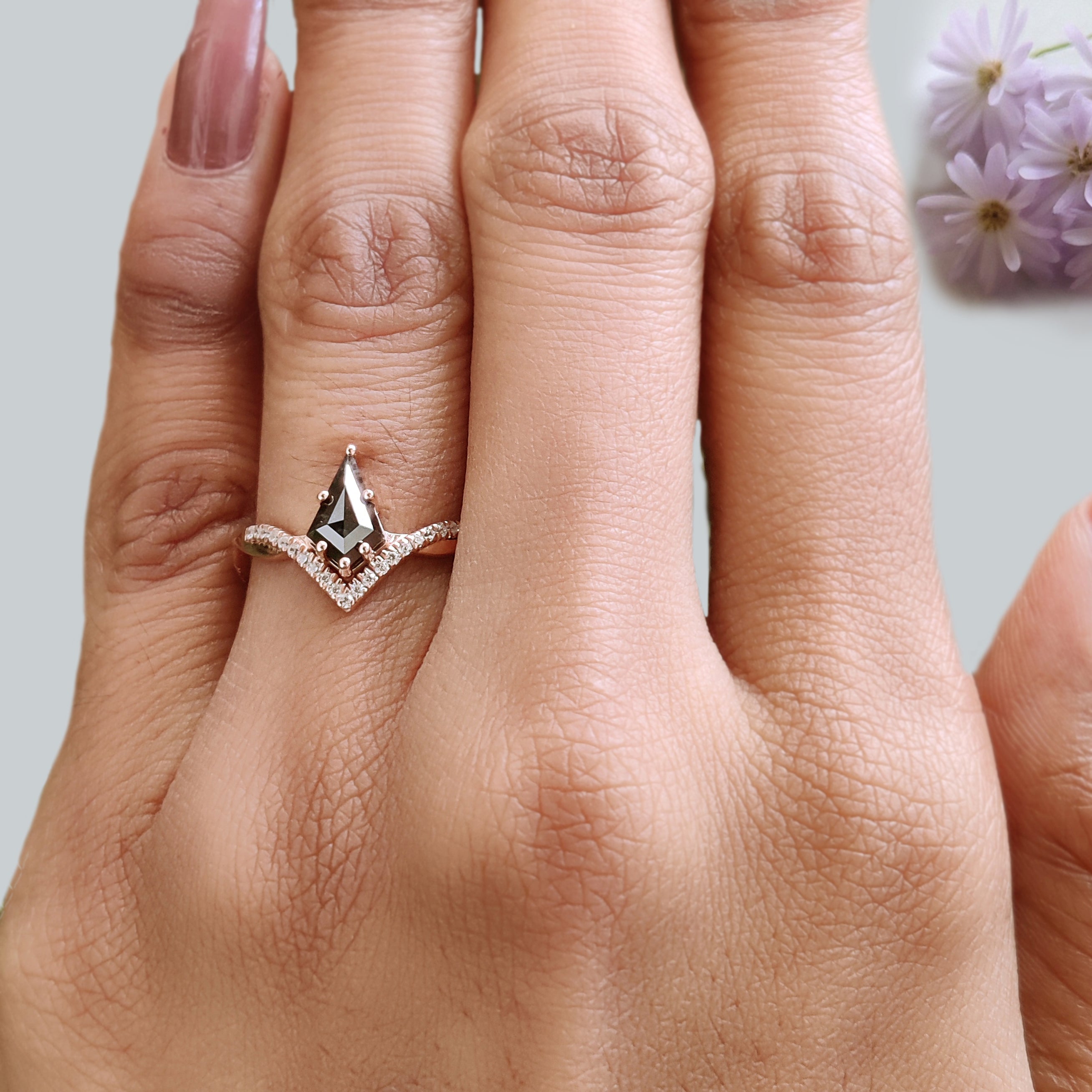 Kite Cut Salt And Pepper Diamond Ring 0.86 Ct 8.64 MM Kite Diamond Ring 14K Solid Rose Gold Silver Engagement Ring Gift For Her KDL3433