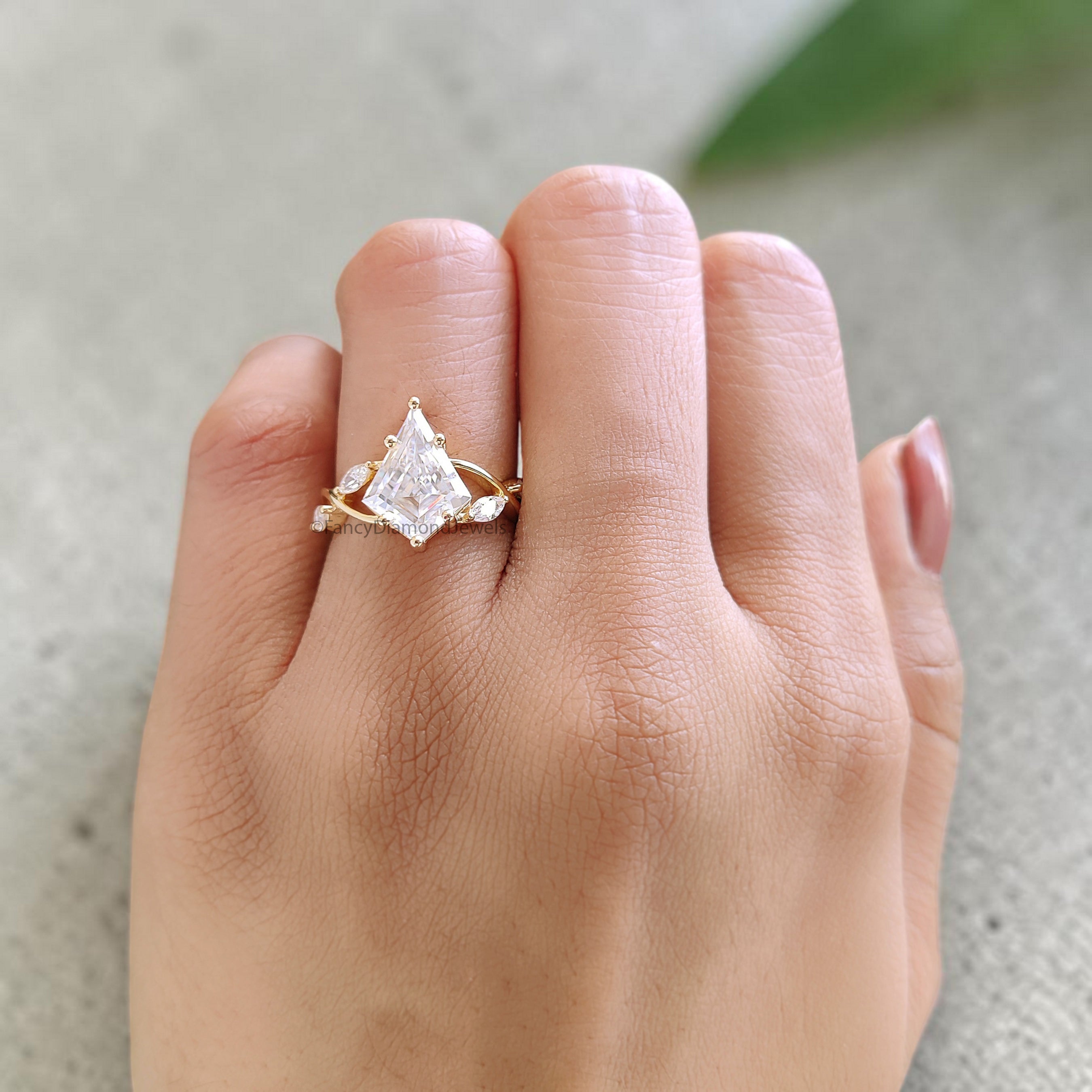 Kite Moissanite Engagement Ring, 14K Yellow Gold Ring, Marquise Cluster Side Stones, Vintage Inspired Bridal Ring, Unique Wedding Ring FD550