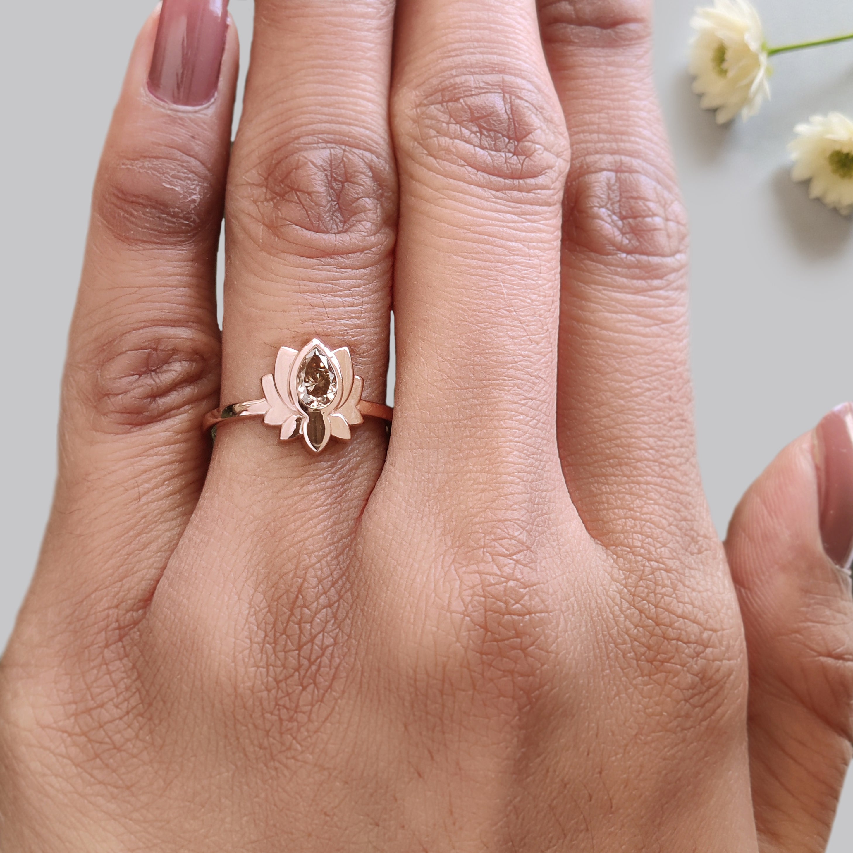 Pear Cut Brown Color Diamond Ring 0.38 Ct 6.00 MM Pear Diamond Ring 14K Solid Rose Gold Silver Pear Engagement Ring Gift For Her KDN1249