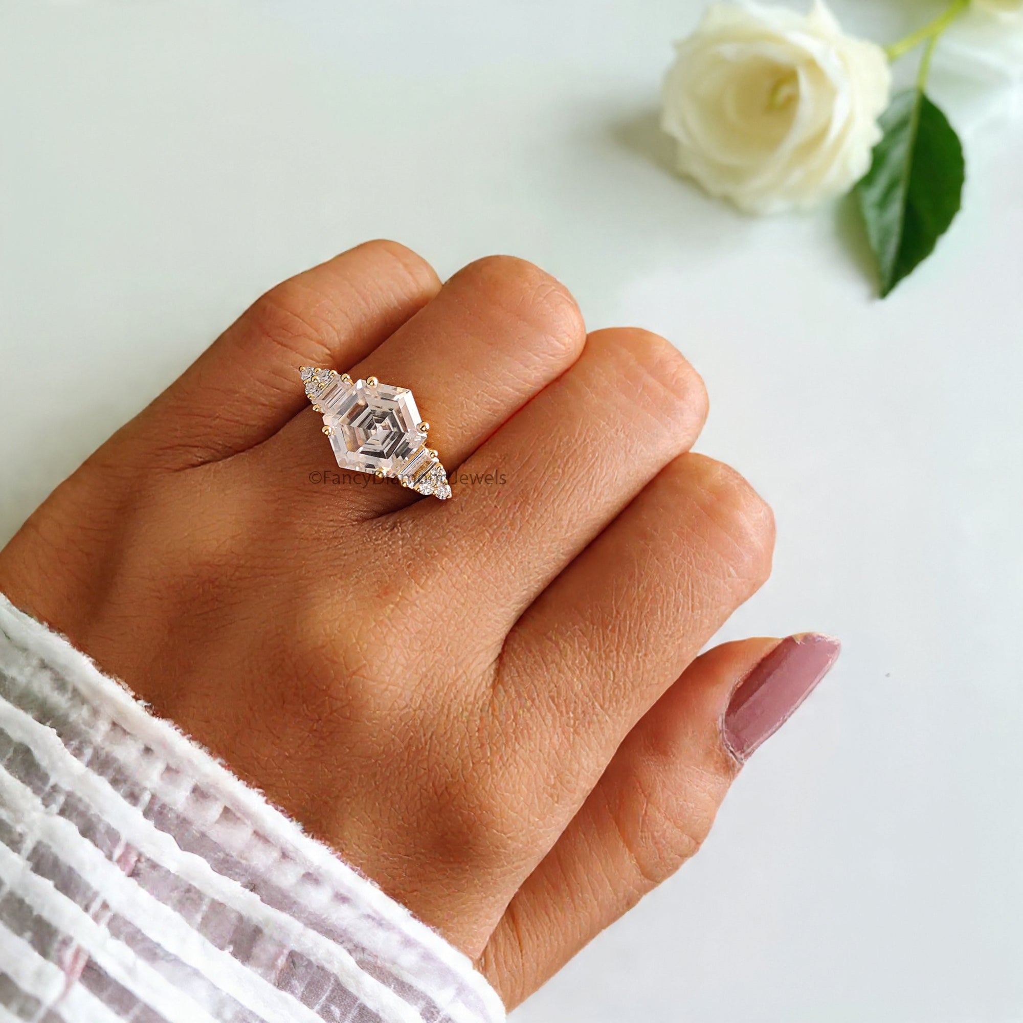 3.00 CT Antique Hexagon Moissanite Engagement Ring Baguette And Round Ring Ring For Gifting Wedding Ring Anniversary Gift Ring Her FD170