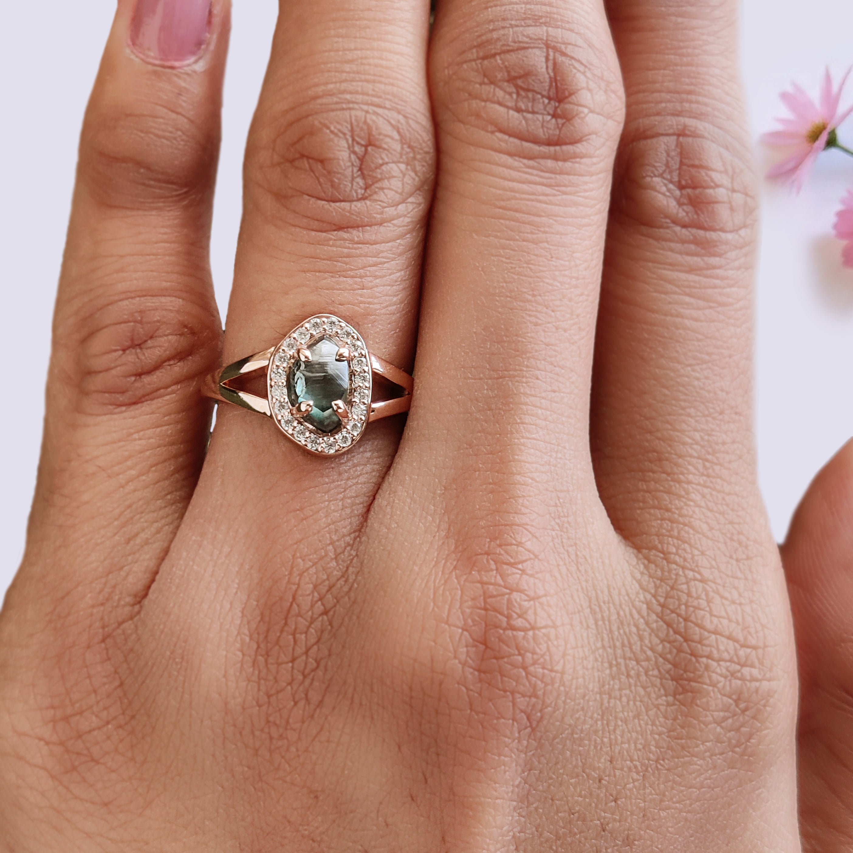 Rough Blue Color Diamond Ring 1.40 Ct 8.04 MM Crystal Rough Diamond Ring 14K Solid Rose Gold Silver Engagement Ring Gift For Her QL2295