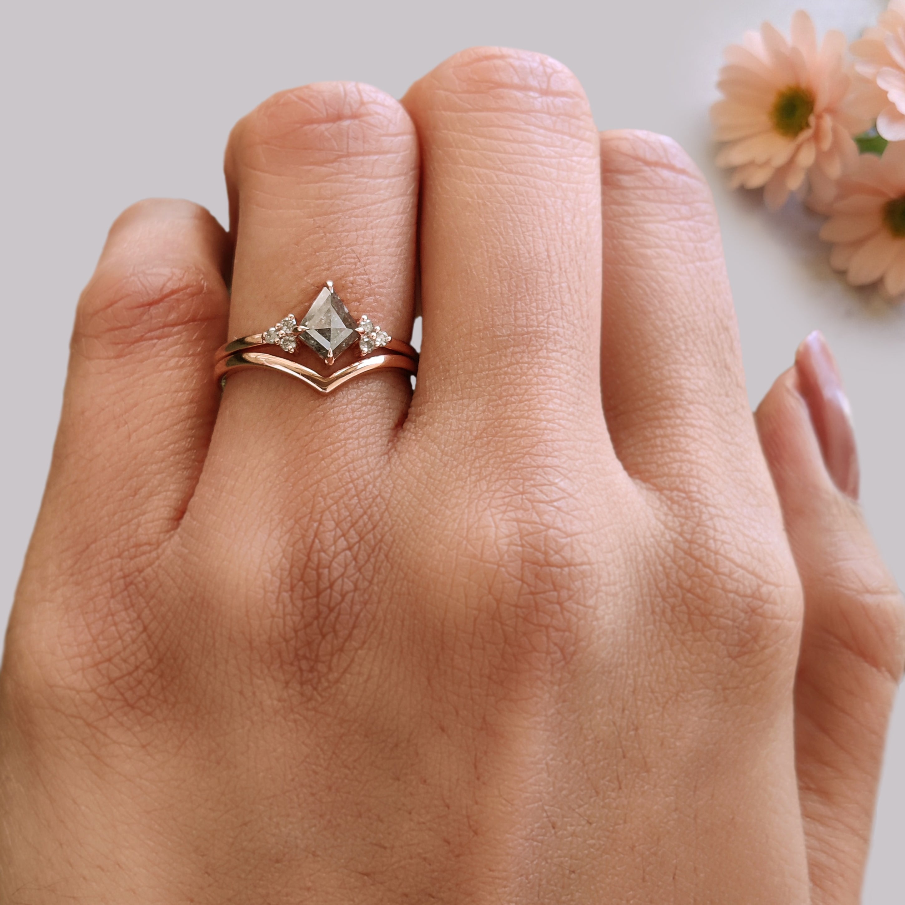 Kite Cut Salt And Pepper Diamond Ring 0.60 Ct 7.20 MM Kite Diamond Ring 14K Solid Rose Gold Silver Engagement Ring Set Gift For Her KDN2095