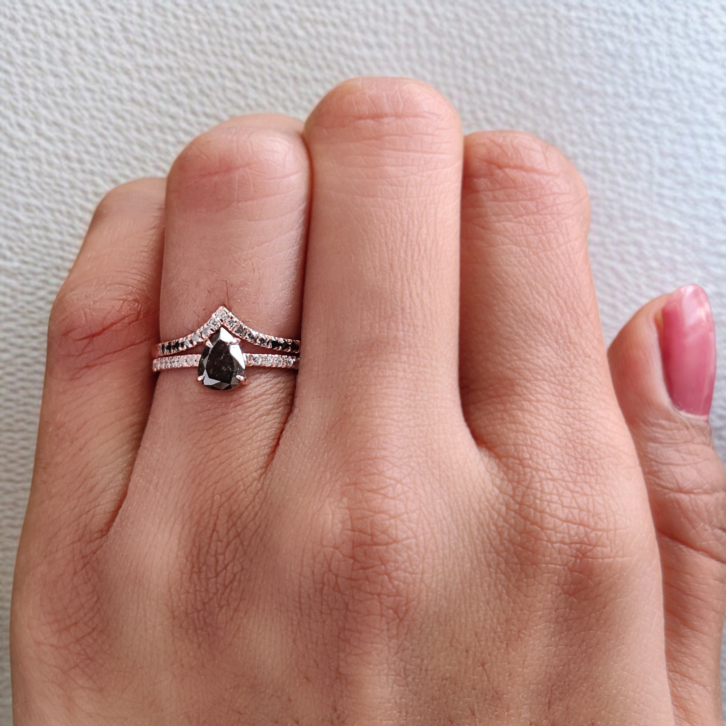 Pear Cut Salt And Pepper Diamond Ring 0.74 Ct 6.73 MM Pear Cut Diamond Ring 14K Solid Rose Gold Silver Engagement Ring Gift For Her KDL2936