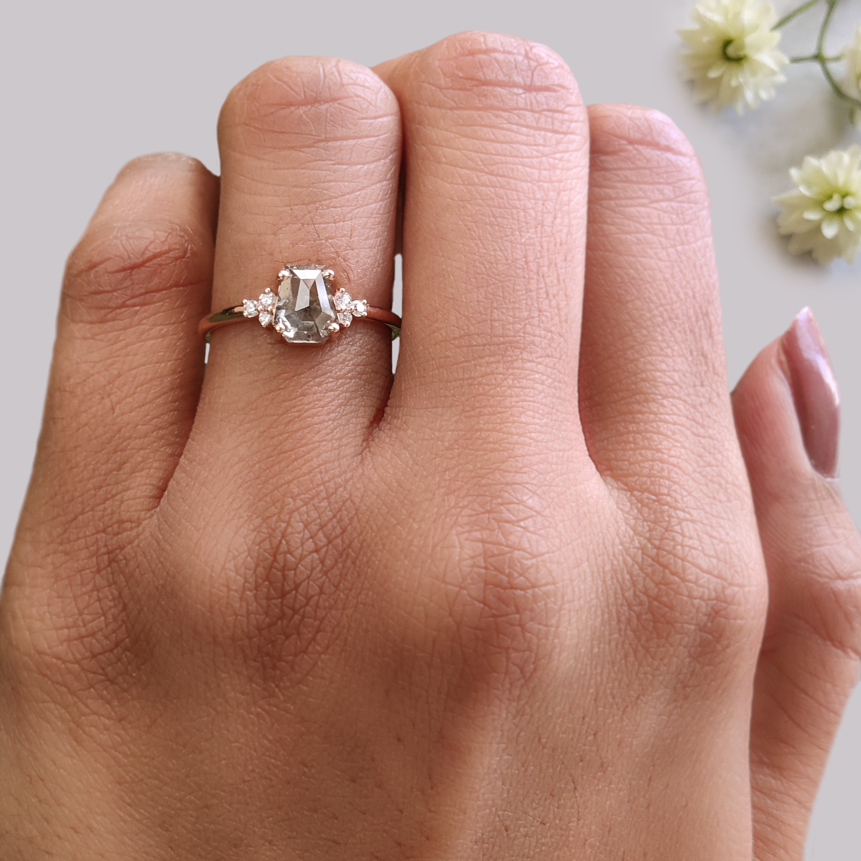 Coffin Cut Salt And Pepper Diamond Ring 1.11 Ct 6.80 MM Coffin Diamond Ring 14K Solid Rose Gold Silver Engagement Ring Gift For Her KDK2178